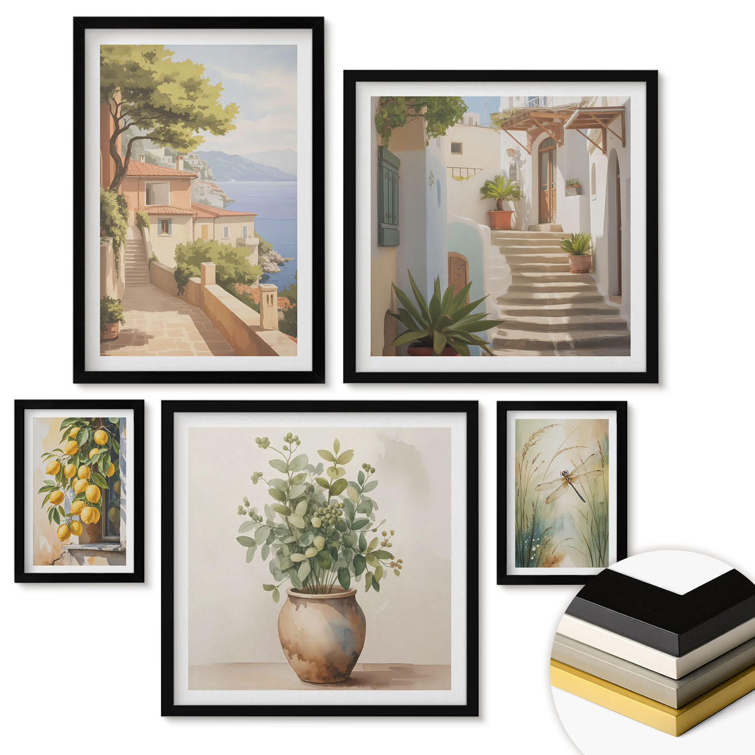 WANDBILDER 5er-Set - 50x50 cm & 20x30 cm & 40x60 cm Schwarzer Rahmen - Architektur der Zitronenstadt - Schwarz, Kunststoff (40/60cm) - ArtPrintCave