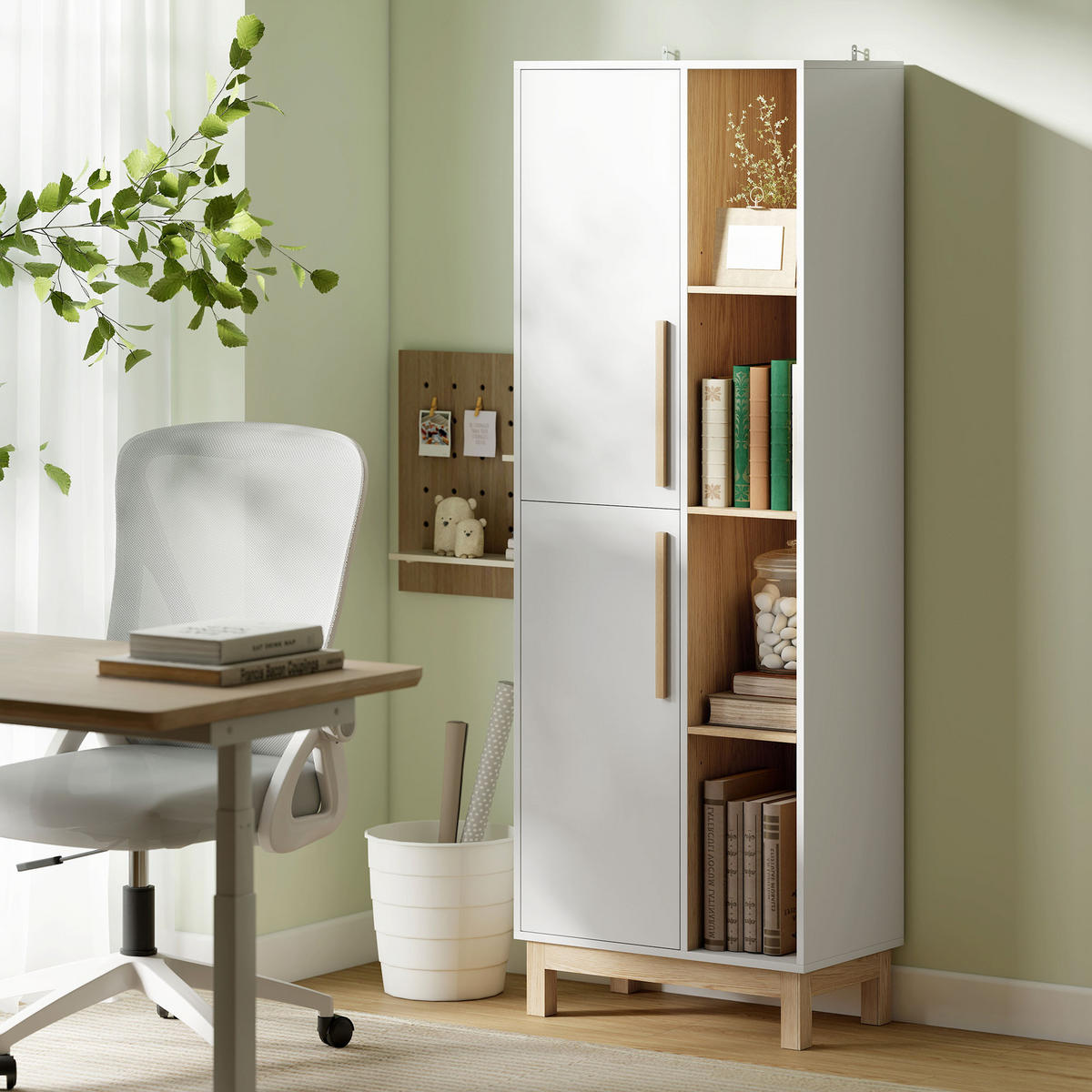 BÜCHERREGAL mit 2 Türen Standregal mit 4 Offenen Ebenen Verstellbaren Ablagen - Multicolor/Weiß, Holzwerkstoff (35/176/62.5cm) - HOMCOM