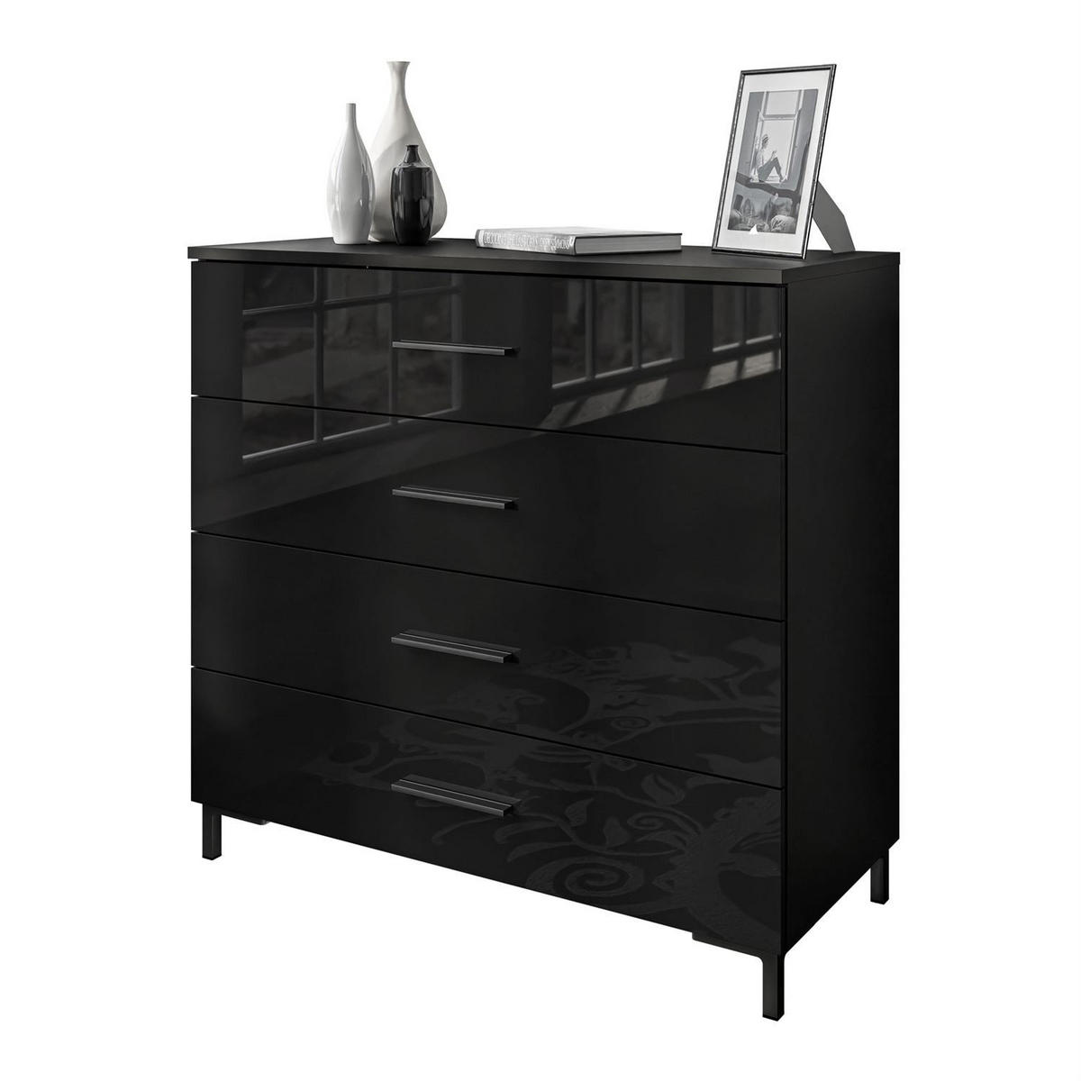 KOMMODE LINA BLACK mit Schubladen und Griffen Schwarzer Glanz - Schwarz, Holzwerkstoff (95/84/40cm) - Lookway