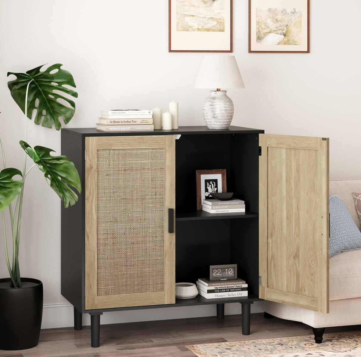 SIDEBOARD 80/40/88 cm schwarz aus MDF mit Rattanfront und offenen Fächern - Schwarz, Holzwerkstoff (80/88/40cm) - OKWISH