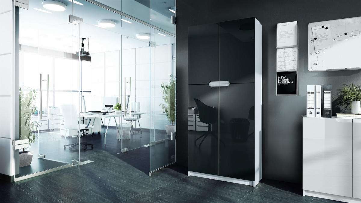 BÜROSCHRANK Logan Fronten in Schwarz Hochglanz - Schwarz Hochglanz, Holzwerkstoff (82/185/37cm) - Vladon