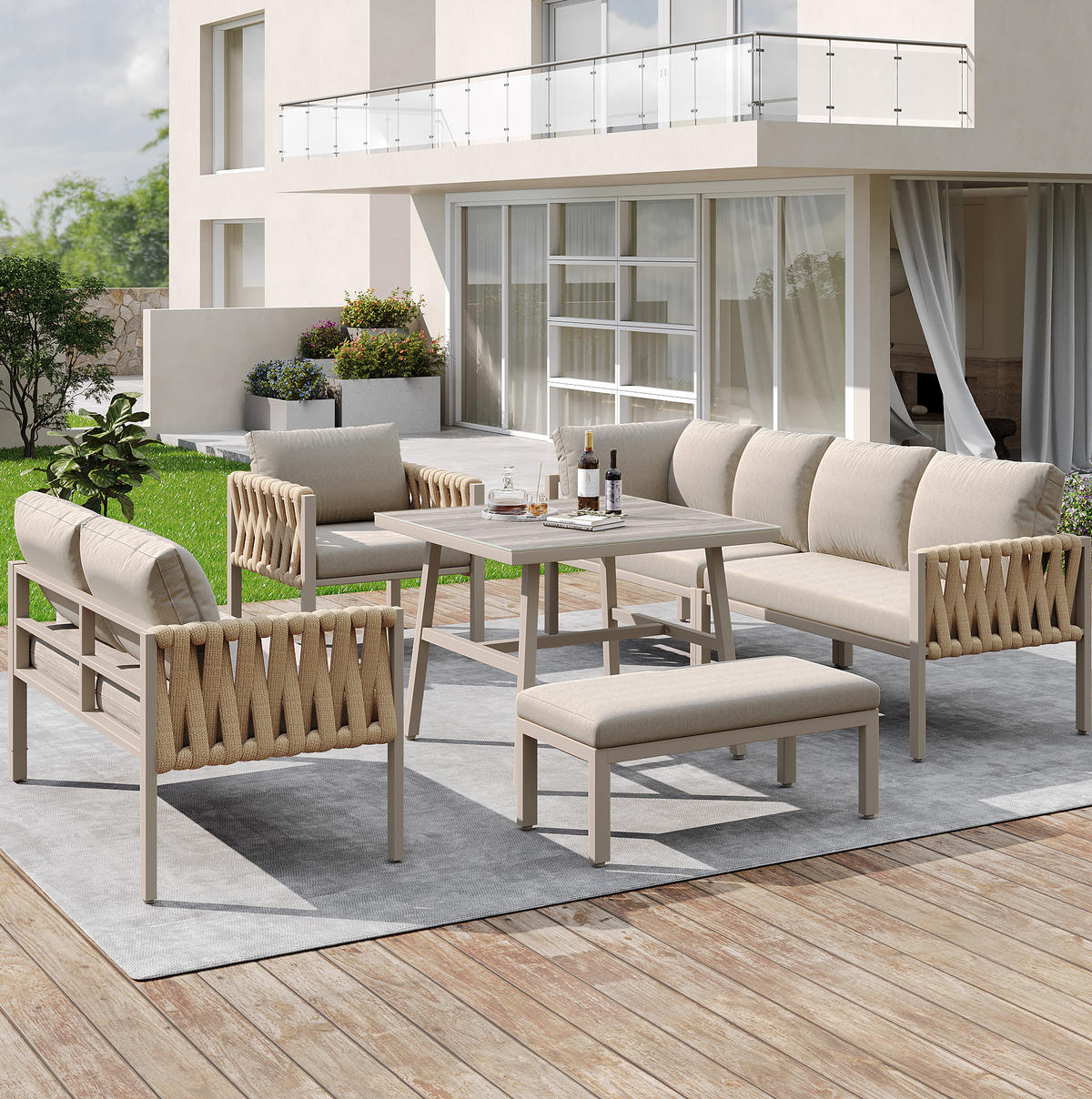 GARTENMÖBEL 238x61x78cm beige aus Eisen und mit Kissen - Beige, Metall - Modfu