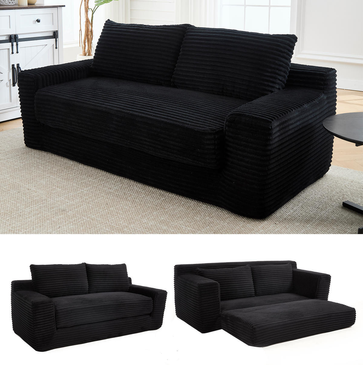 SCHLAFSOFA 2-in-1 ausklappbar Cord Schwarz - Schwarz, Holzwerkstoff (85/62/180cm) - Meubliv