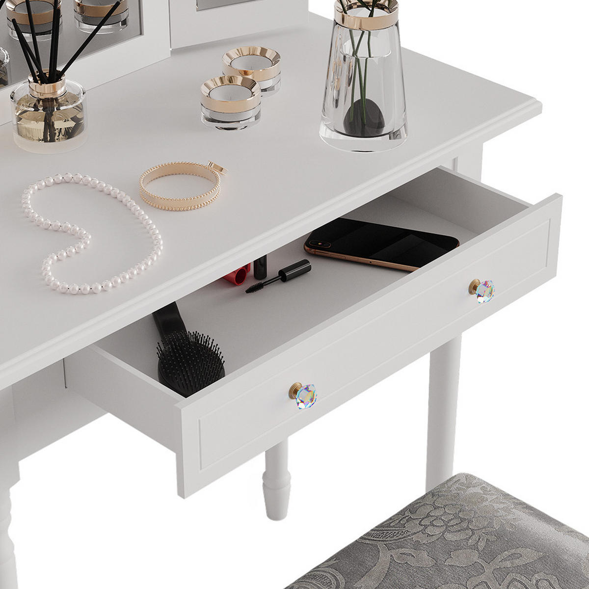SCHMINKTISCH Kate Weiß 80 cm mit Hocker - Weiß, Holzwerkstoff (80/133.5/40cm) - Vicco