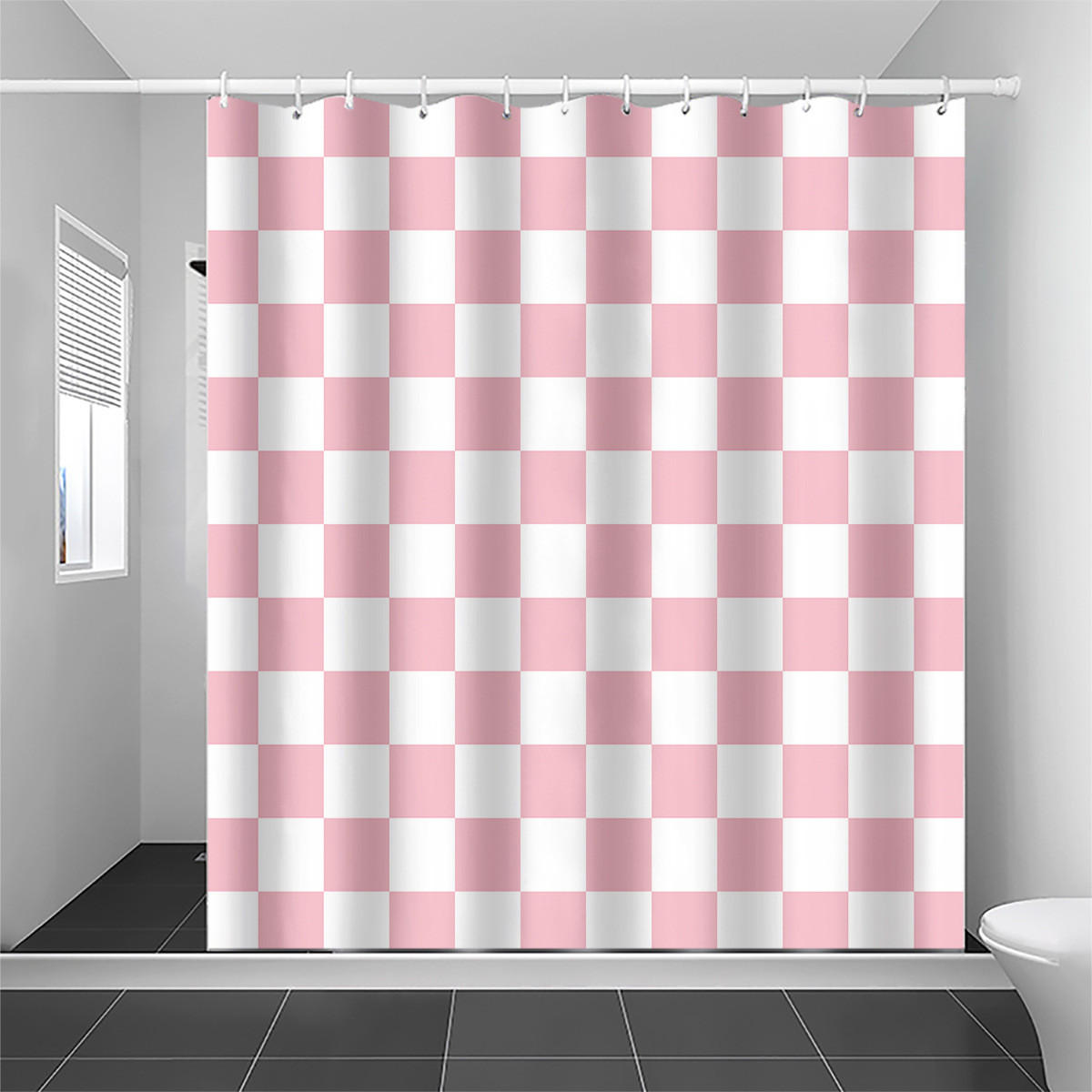 DUSCHVORHANG Rosa Weiß kariert 180 x 180 cm Schachbrettmuster wasserdicht fürs Badezimmer - Multicolor, Textil (180/180cm) - MCBOSON