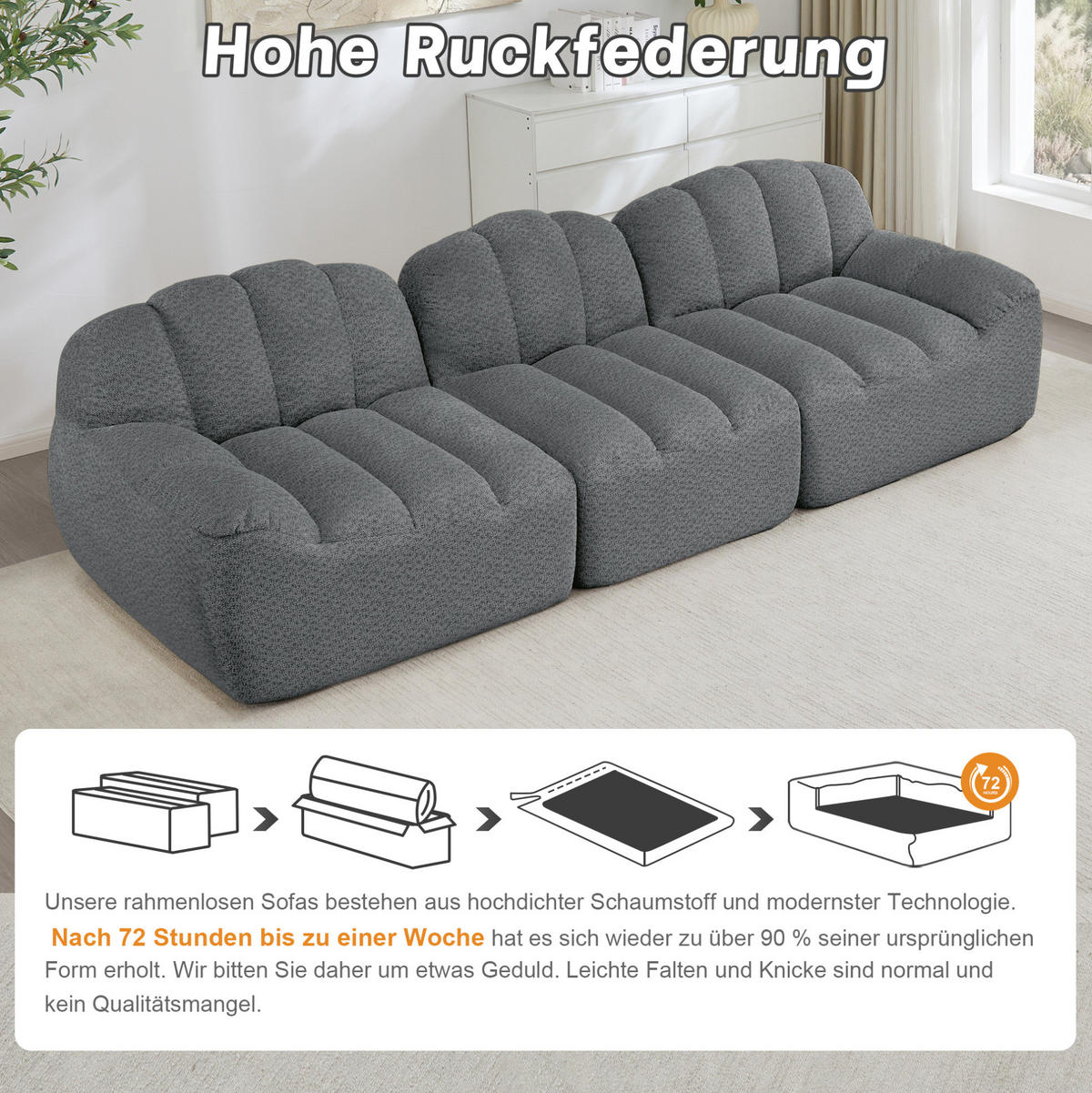 MODULARES Ecksofa mit granuliertem Fleecebezug Grau 288x104x79 cm, flexibel kombinierbar mit Ottoman - Grau, Textil (104/79/288cm) - IVMEU