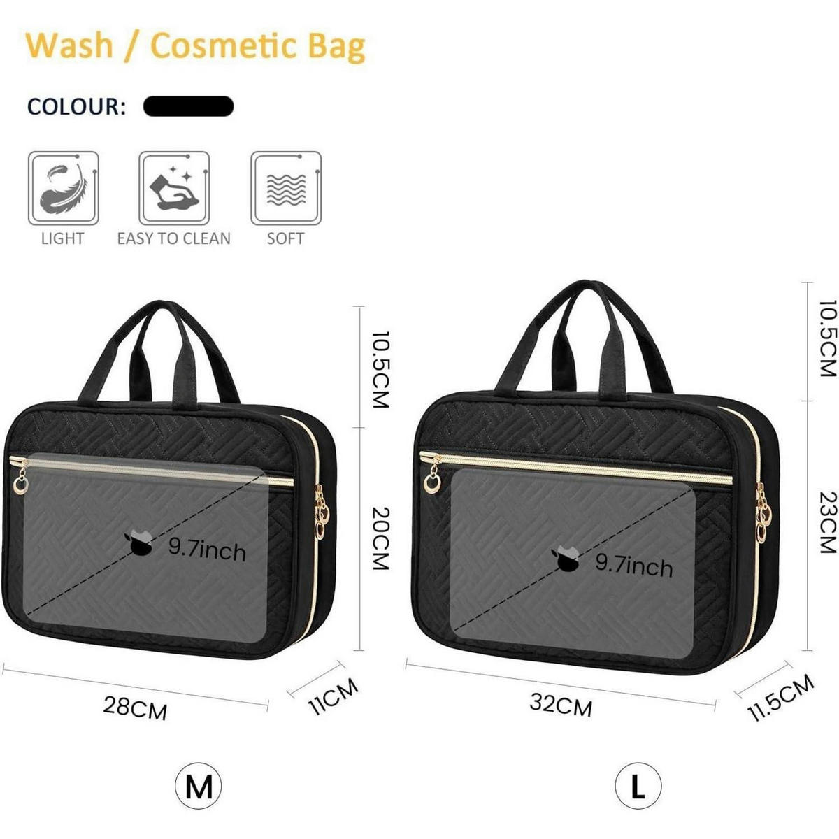 KULTURTASCHE Damen Schwarz mit Haken 28 cm - Schwarz, Textil (20/11/28cm)