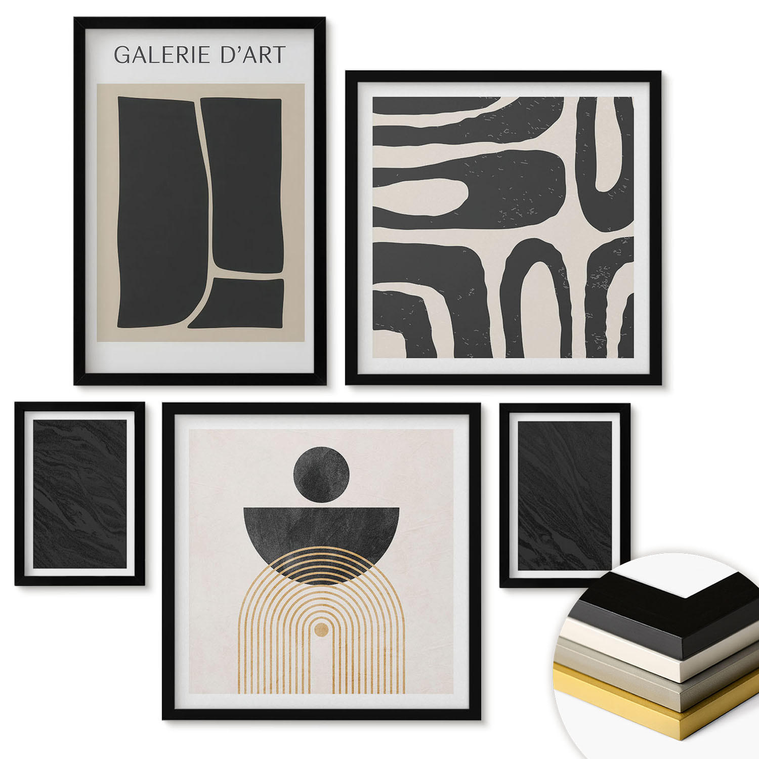 WANDBILDER 5er-Set - 50x50 cm & 20x30 cm & 40x60 cm Schwarzer Rahmen - Abstrakte Marmorformen - Schwarz, Kunststoff (40/60cm) - ArtPrintCave