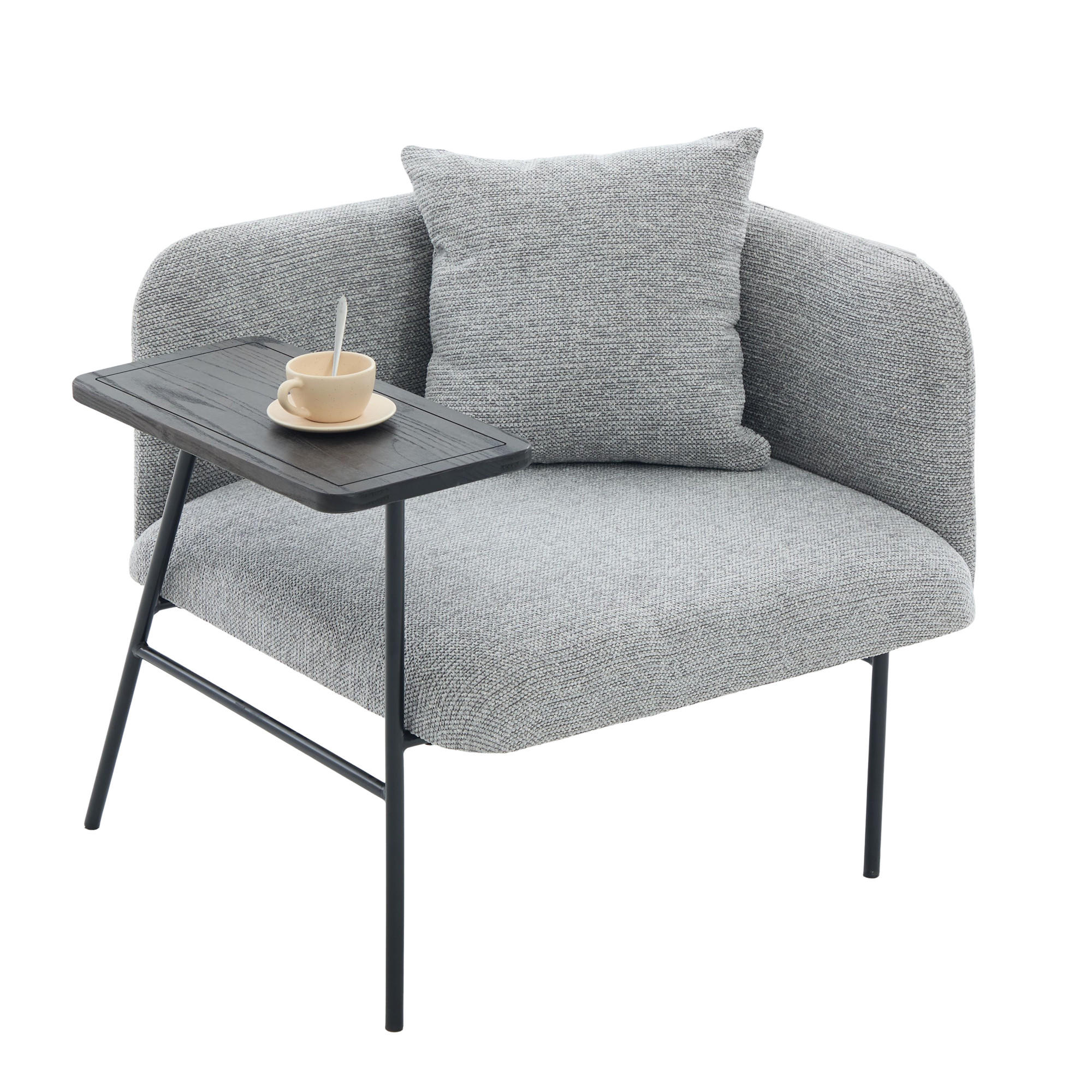 SESSEL Chenille Grau mit Beistelltisch und Seitentaschen - Grau, Textil/Metall (86/71/72cm) - WISHDOR