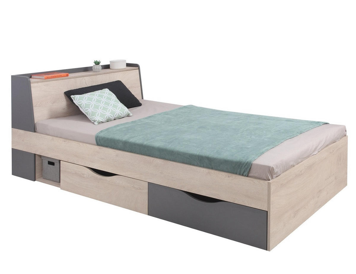 JUGENDZIMMER Davis Set B mit Bett 120 x 200 - Eiche / Anthrazit - Eichefarben/Anthrazit, Holzwerkstoff (124/85/230cm) - QMM TraumMöbel