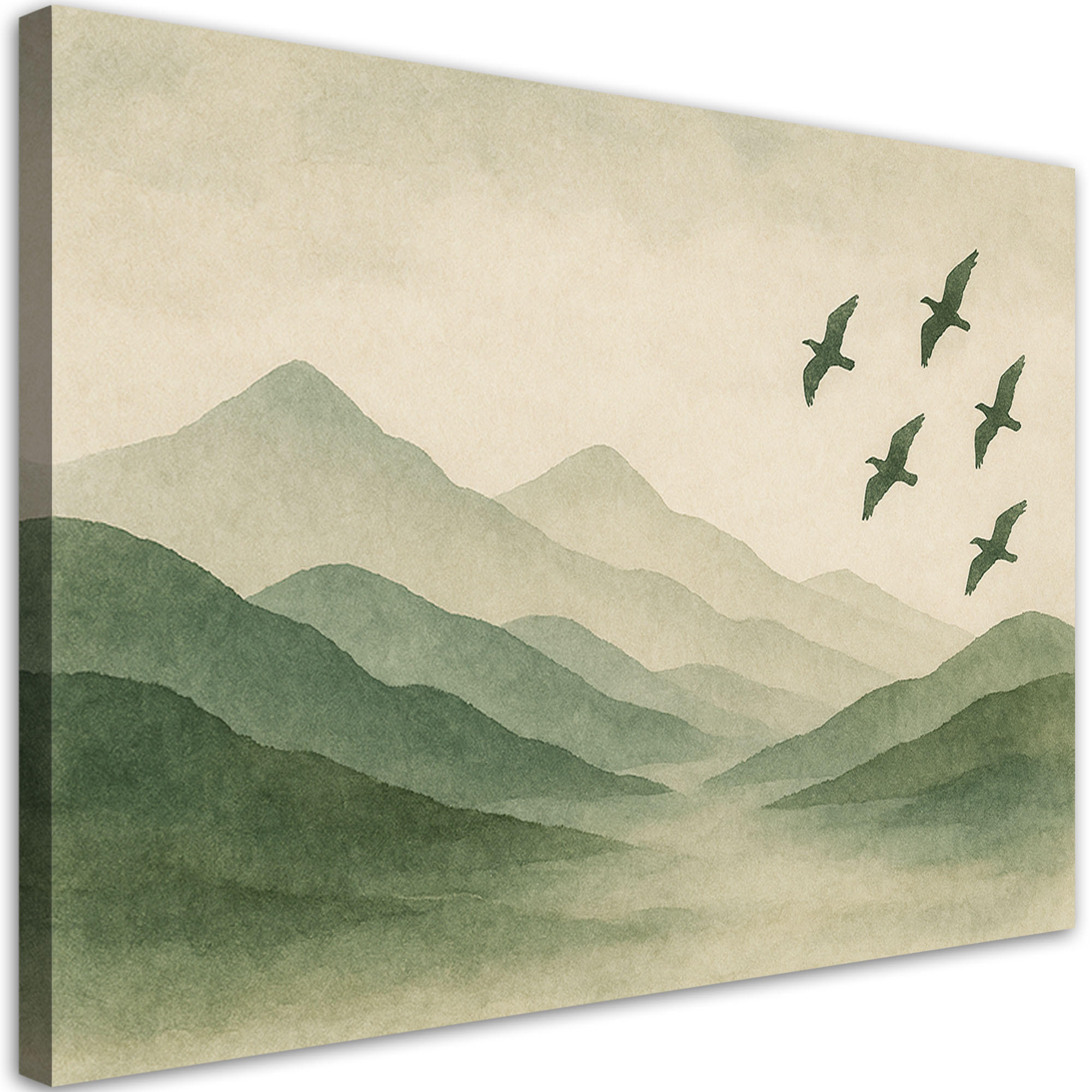 LEINWANDBILD Berge Natur Aquarell Grün Vögel 90x60cm - Grün, Textil (90/60cm) - Feeby