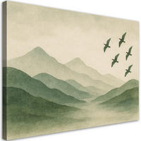 LEINWANDBILD Berge Natur Aquarell Grün Vögel 90x60cm - Grün, Textil (90/60cm) - Feeby