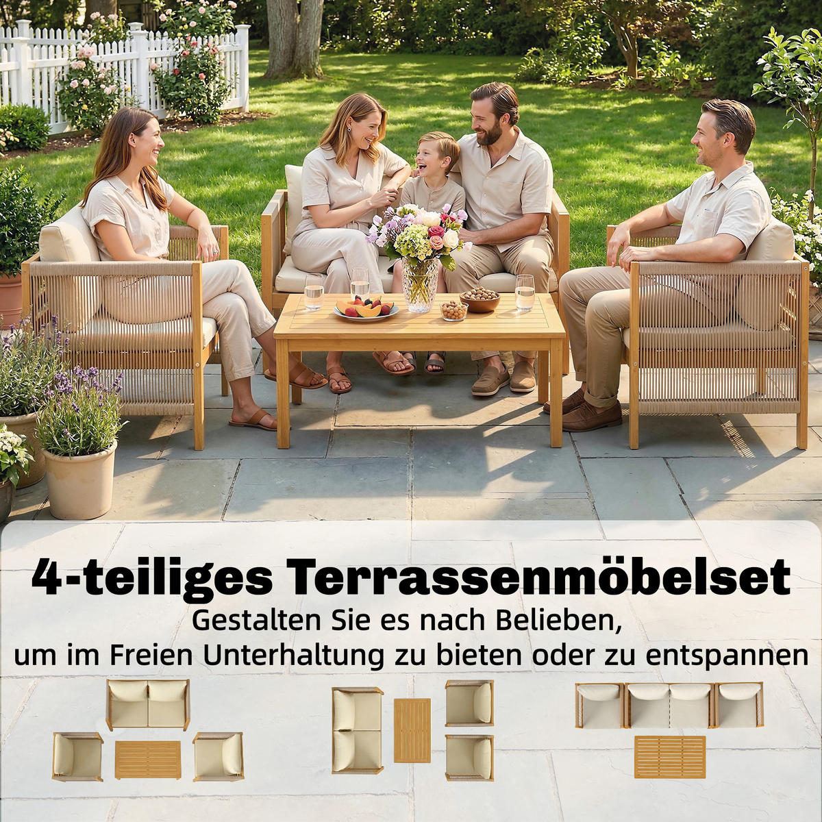 BALKONMÖBEL-SET 4er Set Akazienholz Polyester Beige - Beige/Akaziefarben, Holz/Textil - Outsunny