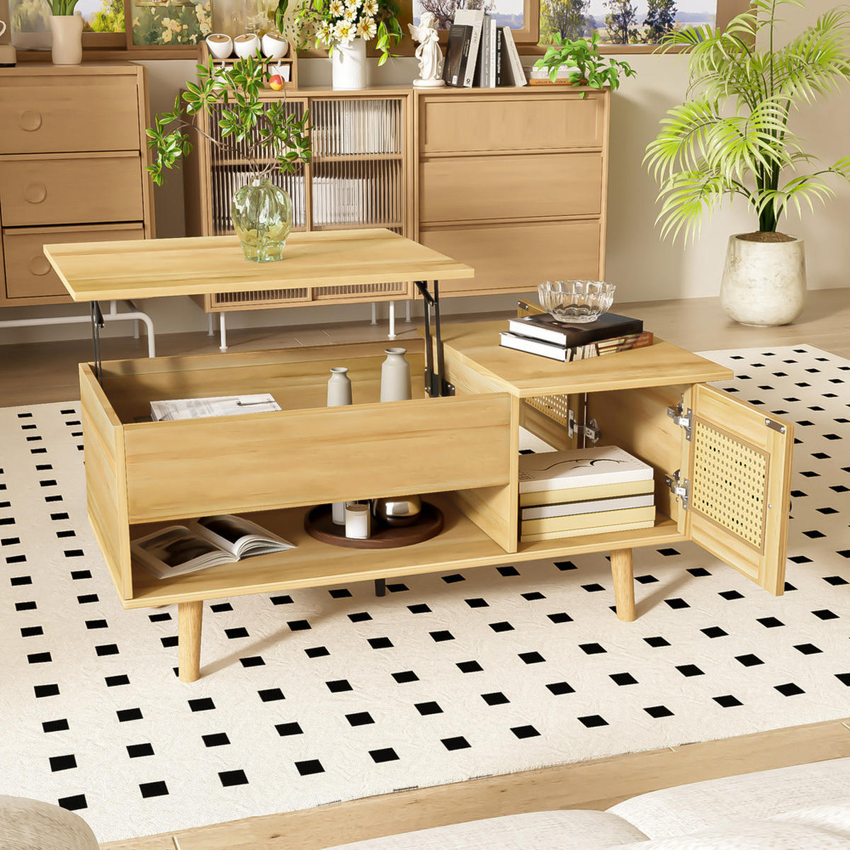 COUCHTISCH Anhebbar Rattan Türen Holzfarbe Schwarz Akzente Stauraum Elegant - Braun, Holz (109.98/59.49/15.98cm) - FLIEKS