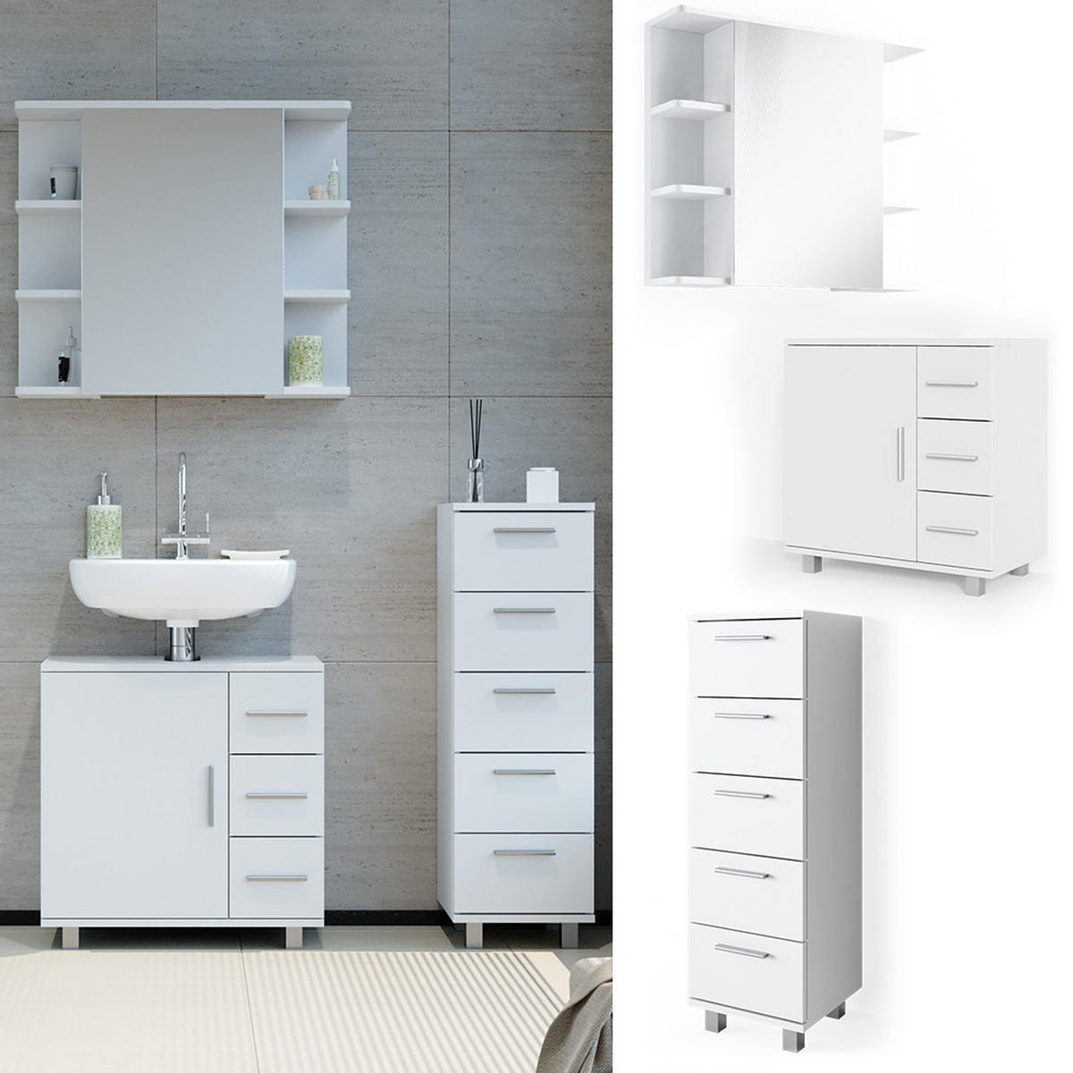 BADMÖBEL-SET Ilias Weiß 3 Teile, mit Midischrank - Weiß, Holzwerkstoff (60/60.8/33cm) - Vicco