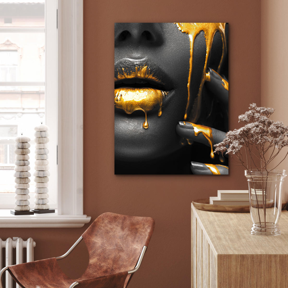 METALLBILD Frau - Schwarz - Gold - Gesicht - Lippen 60x80 cm - Goldfarben, Metall (60/80cm) - MuchoWow