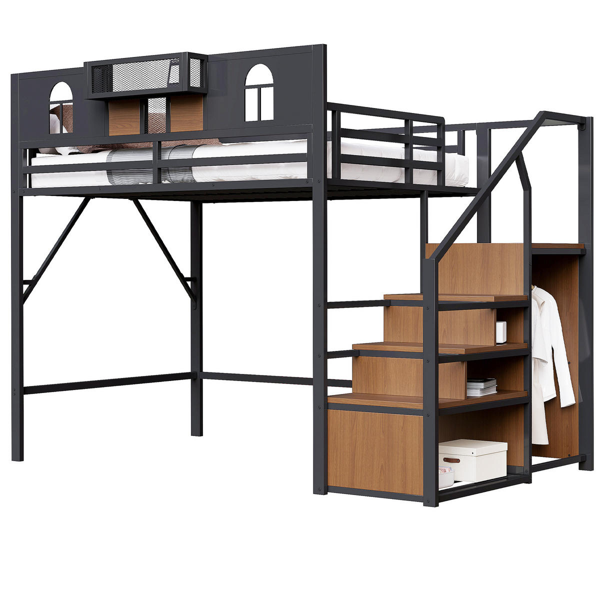 HOCHBETT 140/200 cm schwarz mit Stauraumleiter und Ablagefläche mit Matratze - Schwarz, Metall (140/200cm) - OKWISH