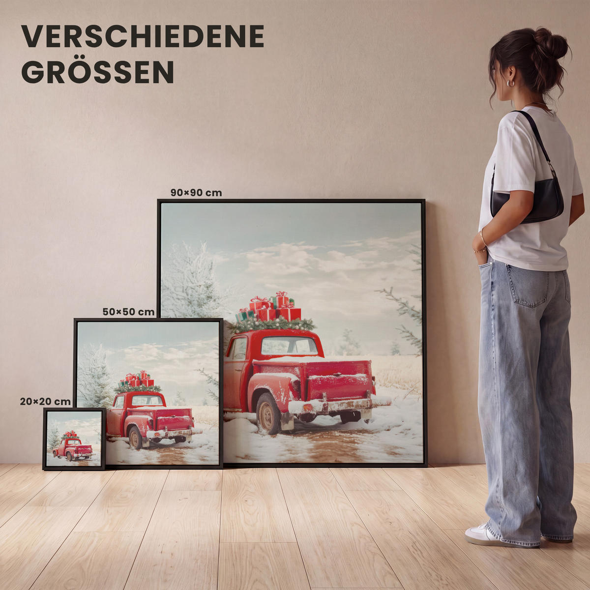 LEINWAND Bilder mit Rahmen - Auto - Rot - Geschenke - Winter - Schnee - Weihnachten - 20x20 - Rot, Textil (20/20cm) - MuchoWow