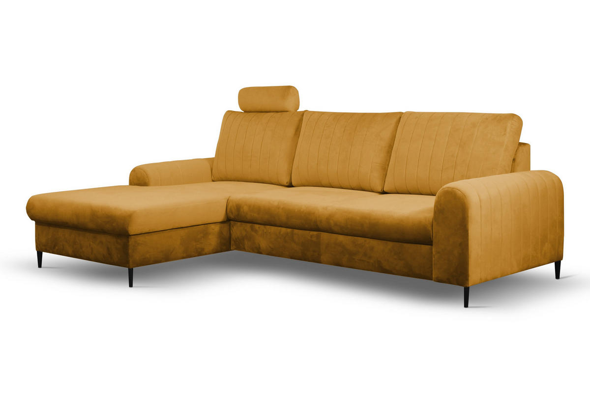 ECKSOFA VERONA L-S Gelb Velours-Stoff mit Schlaffunktion - Gelb, Holz (251/164cm) - MASSENO