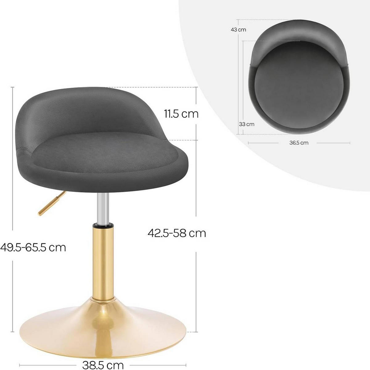 BARHOCKER 2er Set Drehhocker, Samt, Dunkelgrau+Gold - Dunkelgrau/Goldfarben, Kunststoff/Textil (38.5/49.5/43cm) - Woltu
