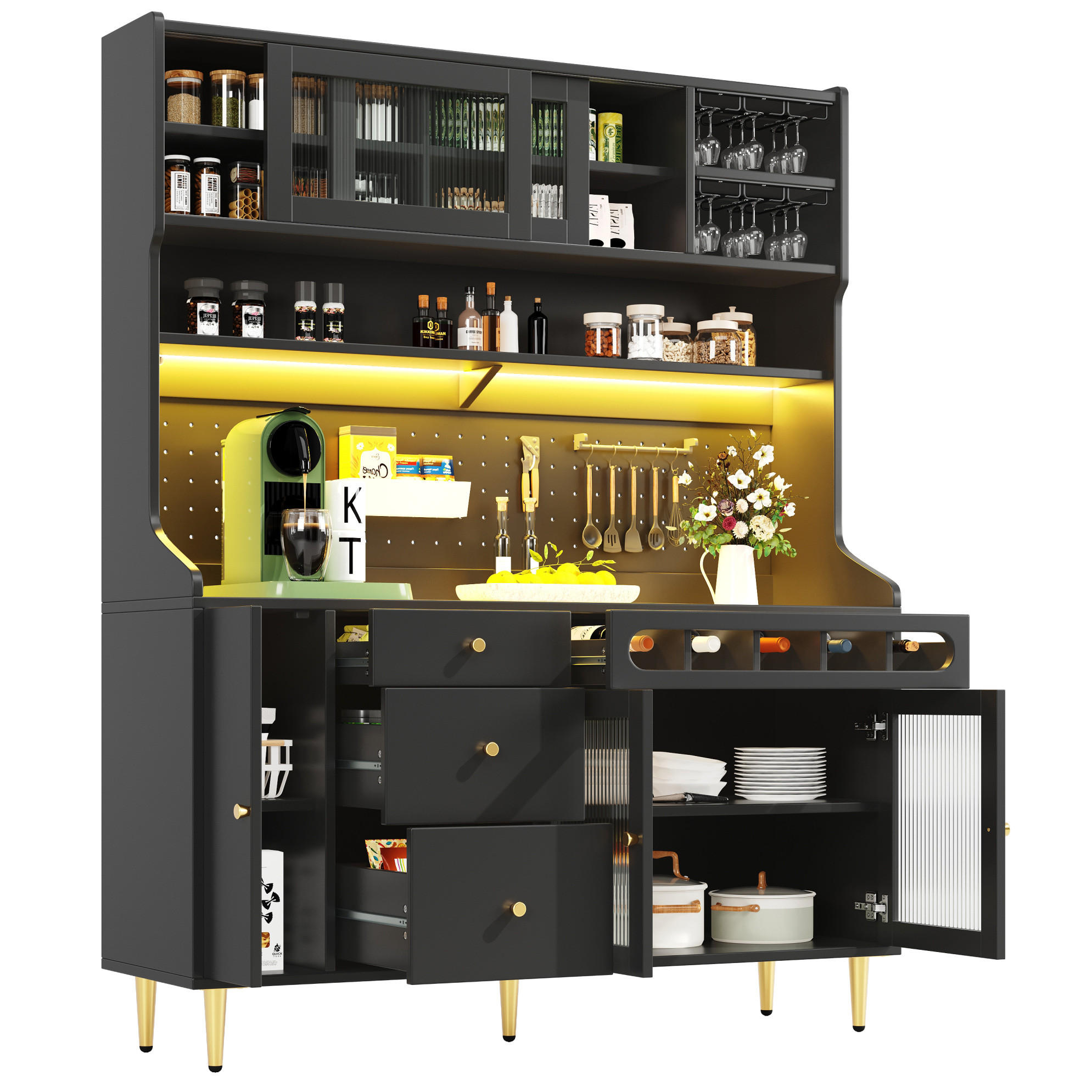 BUFFET 145/39/171 cm schwarz aus Glas und MDF mit LED - Schwarz, Glas (145/171/39cm) - OKWISH