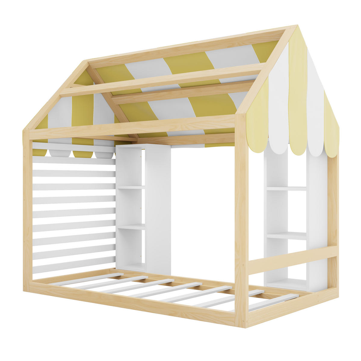 HAUSBETT 90/200 cm mit Himmelbett und Stauraum, DE-41618, in Holzfarbe/Weiß - Naturfarben/Weiß, Holzwerkstoff (90/200cm) - ComfortXL
