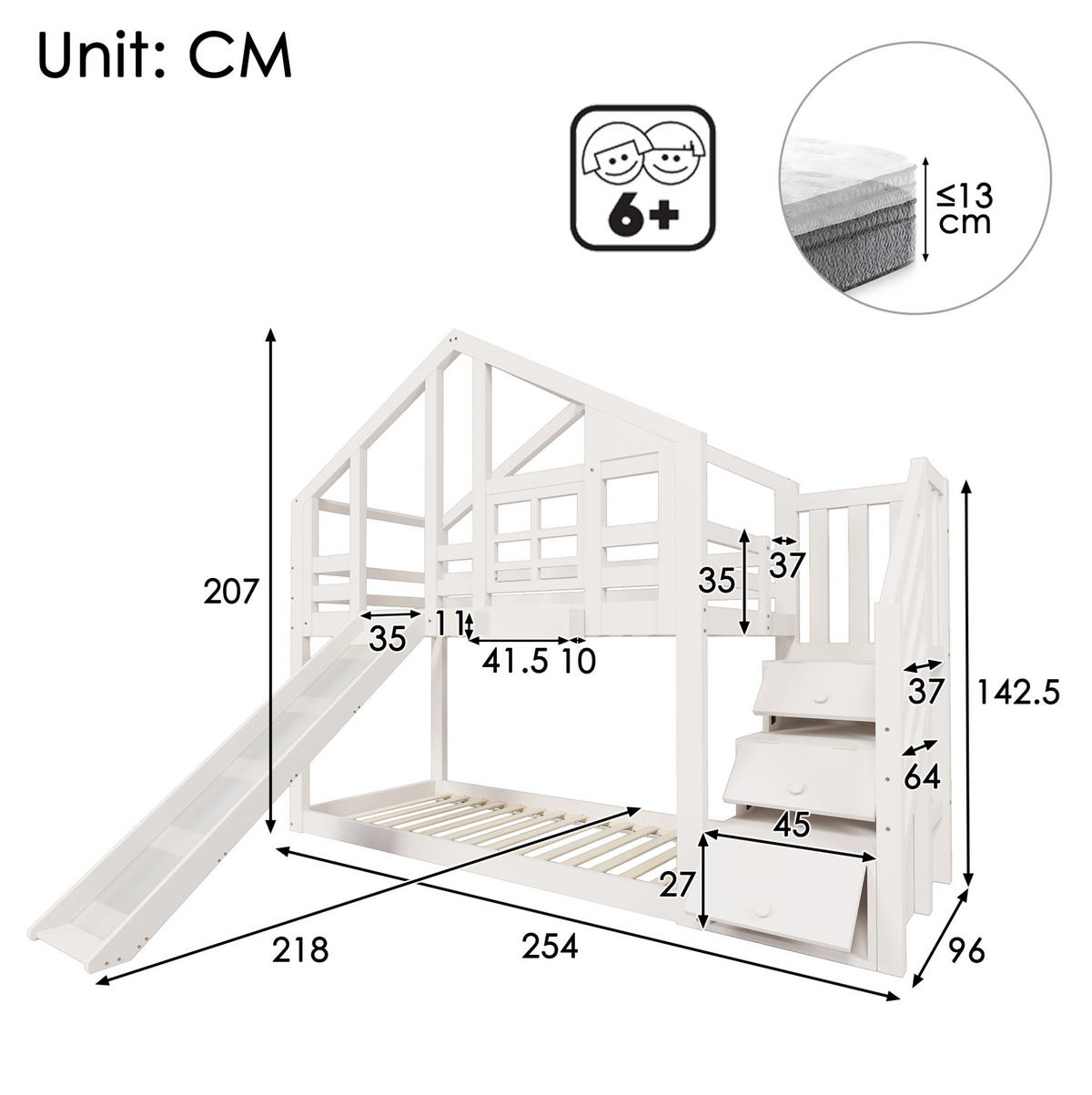 ETAGENBETT Baumhaus 90 x 200 cm Weiß mit Rutsche und Stauraum - Weiß, Holz (90/200cm) - MIVRAY