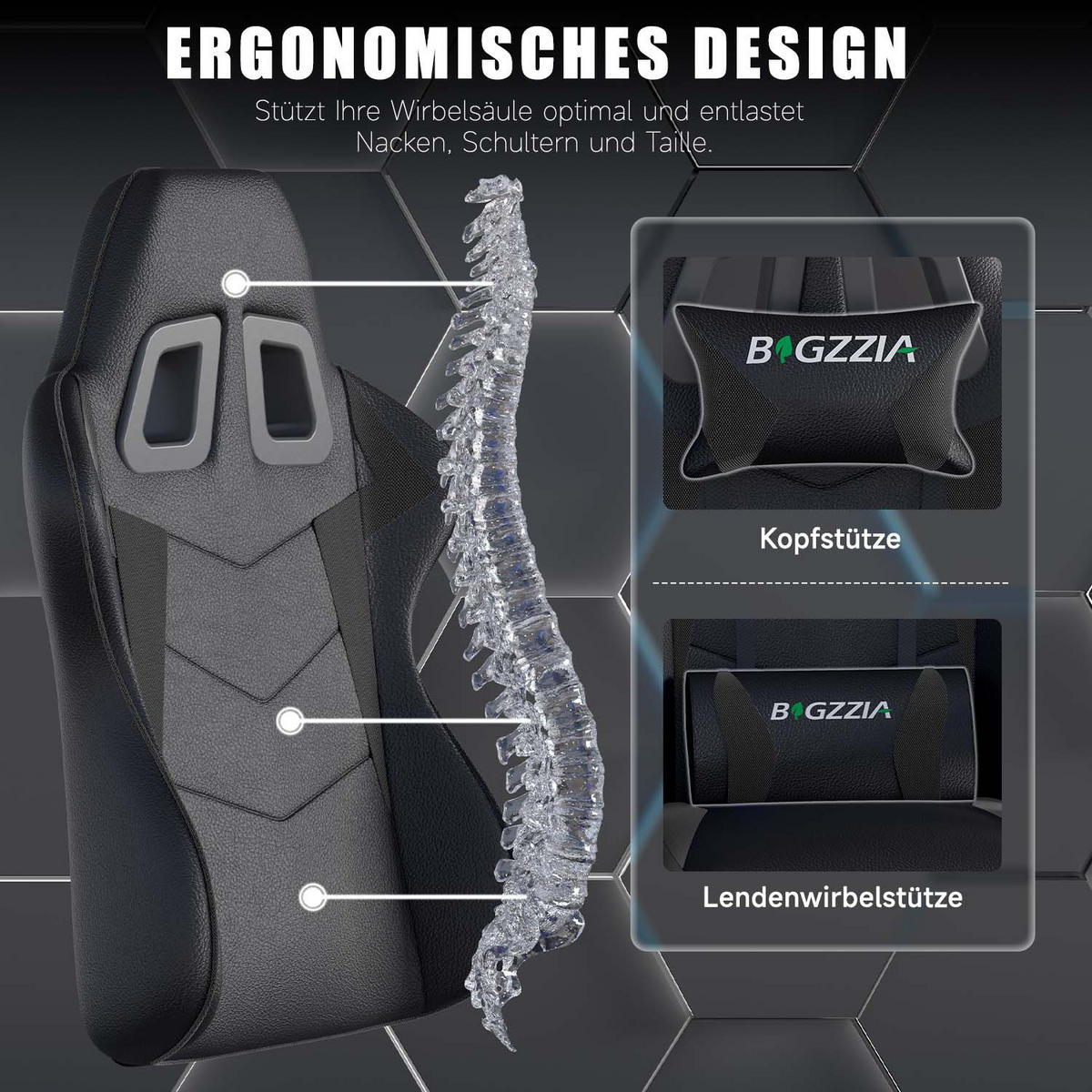 GAMINGSTUHL Schwarz ergonomisch - Schwarz, Leder (29/59/79cm) - Rattrix