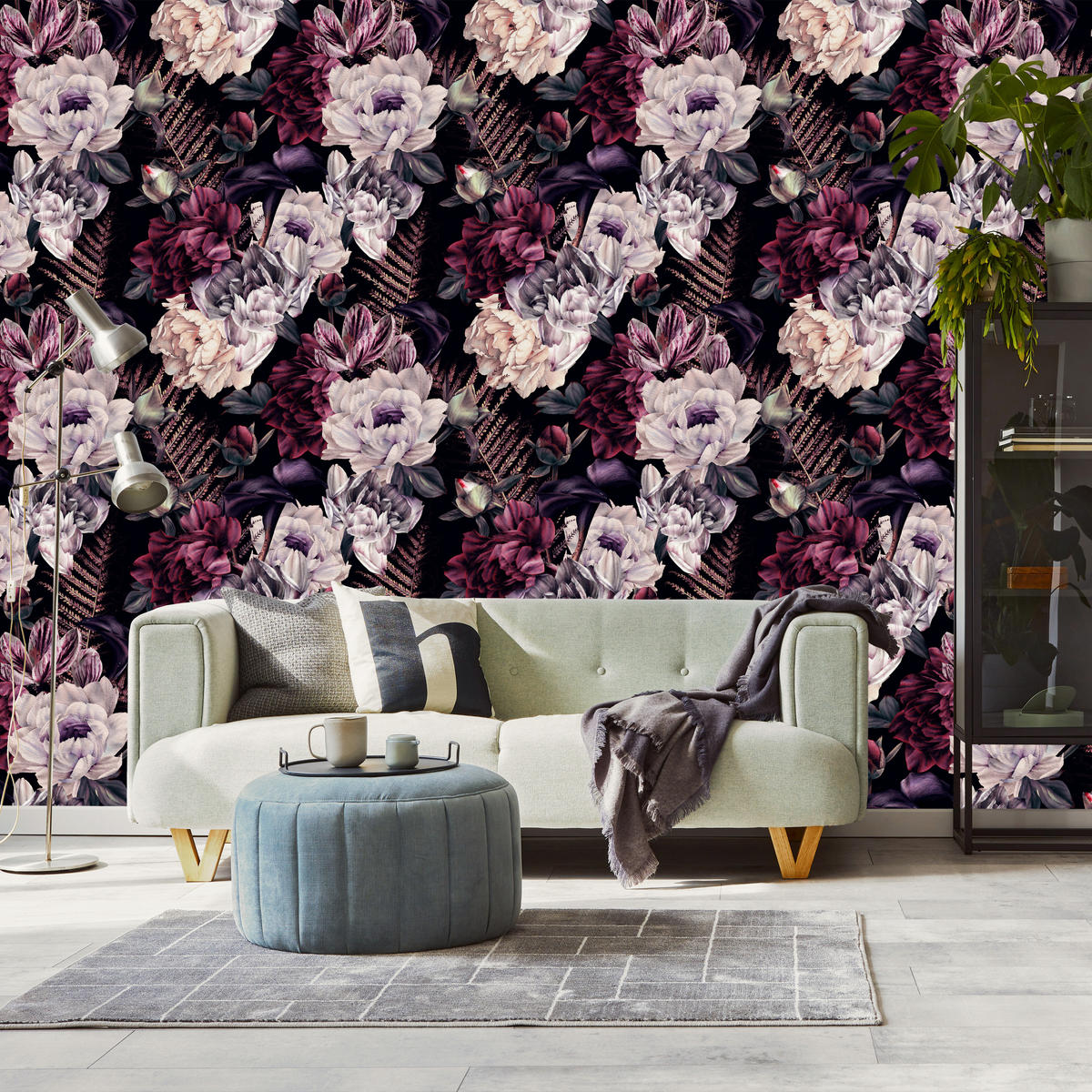 VLIESTAPETE Pfingstrosen im Glamour-Stil – Rosa, Lila, Schwarz – 50x1000 cm - Lila/Schwarz, Papier (50/1000cm) - Muralo