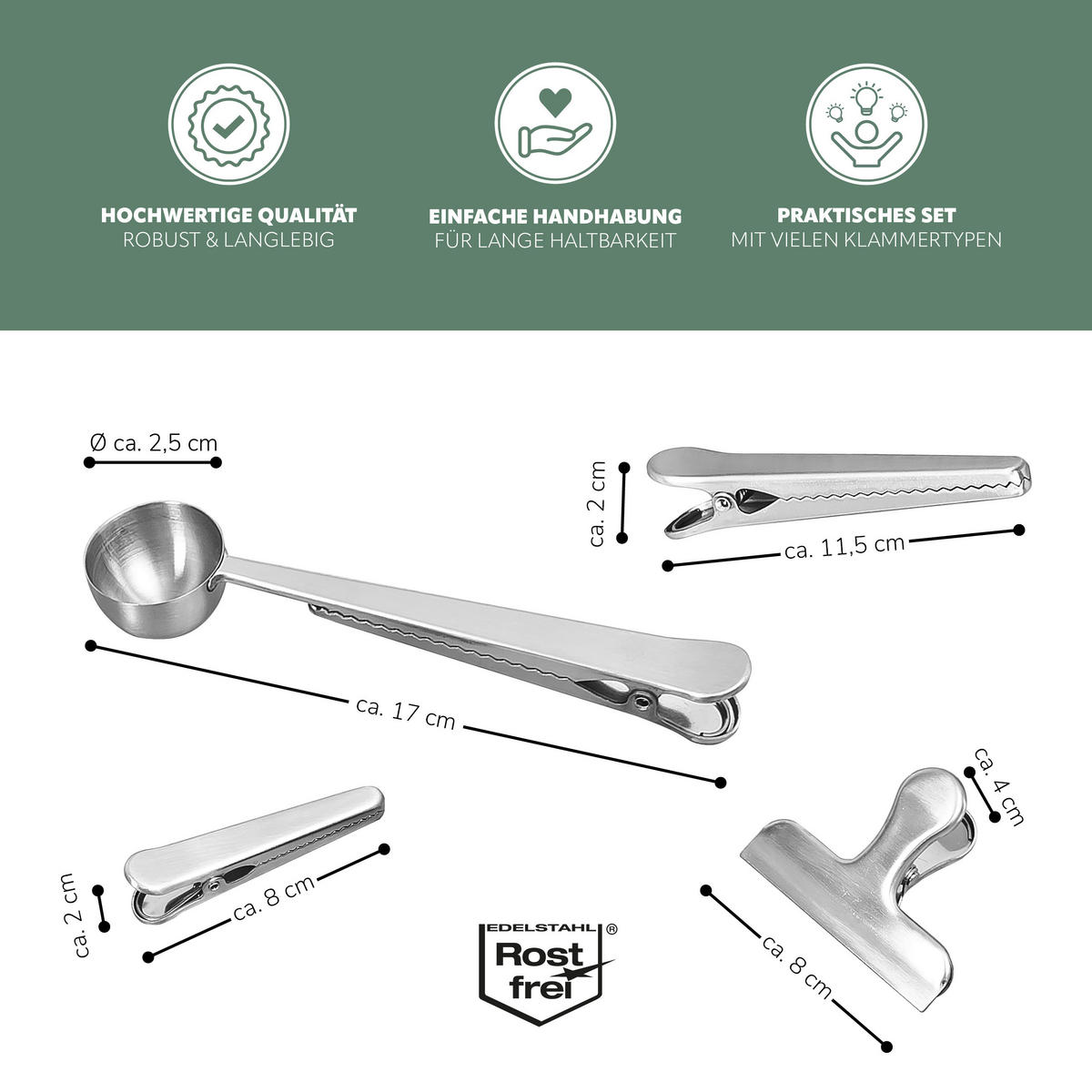 VERSCHLUSSKLAMMERN 7er-Set, silber - Edelstahlfarben, Metall (2.5/2.5/17.5cm) - bremermann