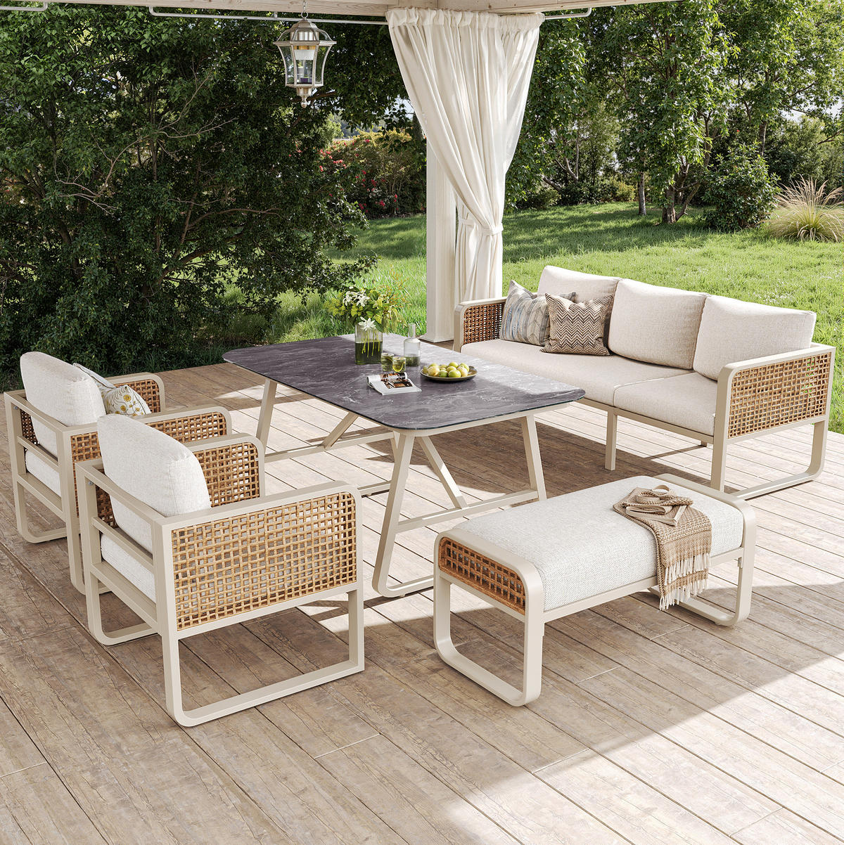 GARTENLOUNGE 178/61/76 cm beige aus PE-Rattan mit Tisch und waschbaren Kissen - Beige, Metall - OKWISH