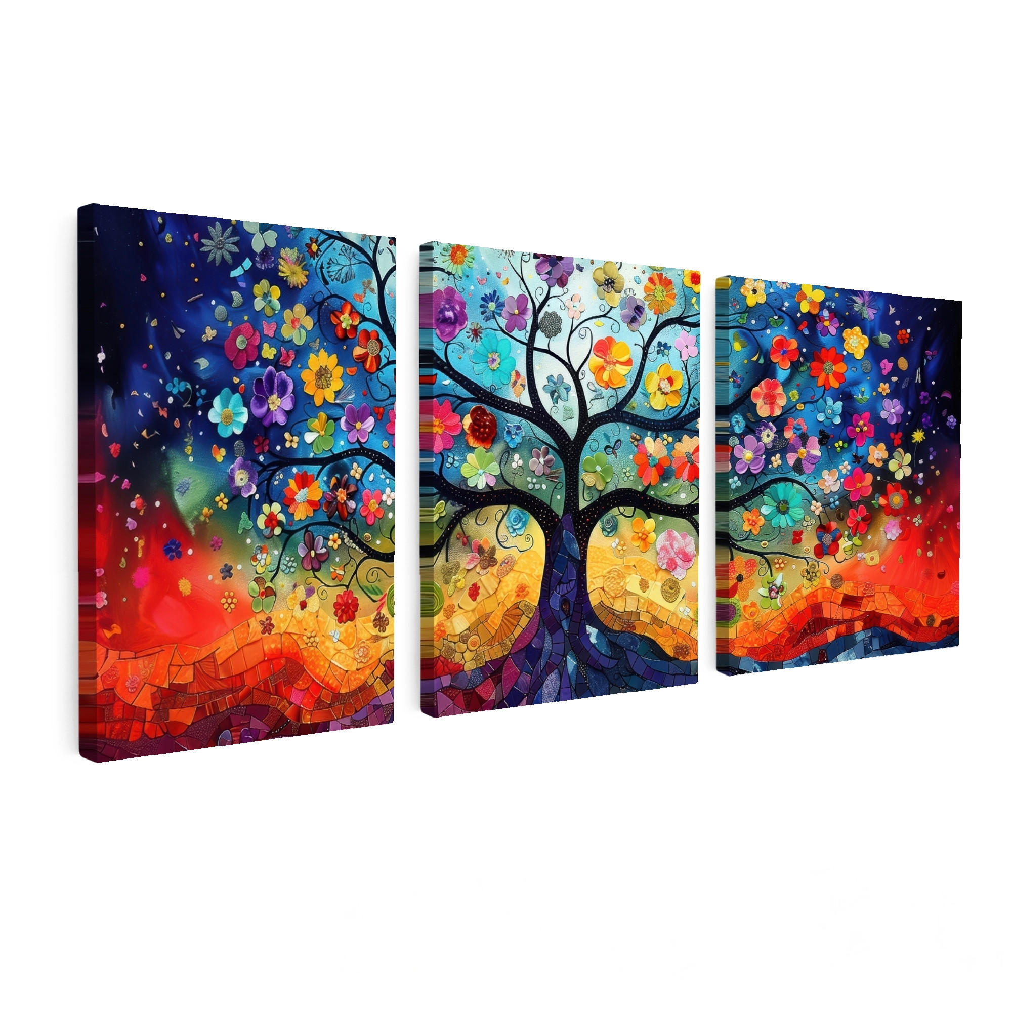 OBRAZ NA PLÁTNĚ 3dílná sada Barevné - Strom života - Květiny - Abstraktní 90x40 cm - modrá, textil (90/40cm) - MuchoWow