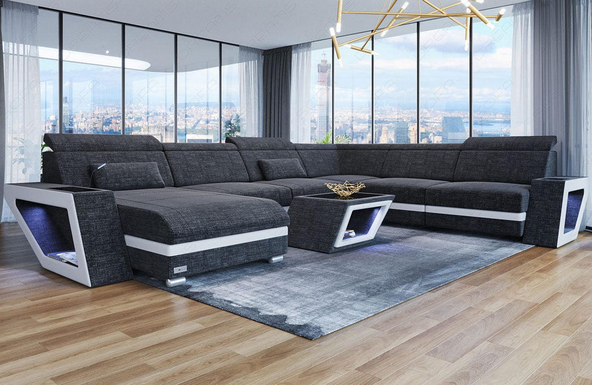 WOHNLANDSCHAFT Catania Schwarzgrau Weiß Strukturstoff - Schwarz, Kunststoff (349/89/264cm)