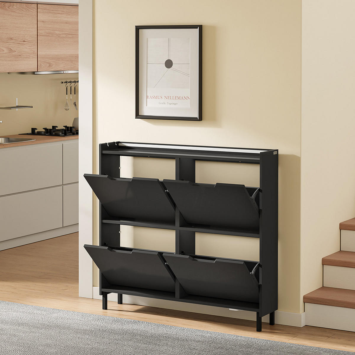 SCHUHSCHRANK 4 Türen Schwarz 100x19x93cm Modern - Schwarz, Holzwerkstoff (19/93/100cm) - SoBuy