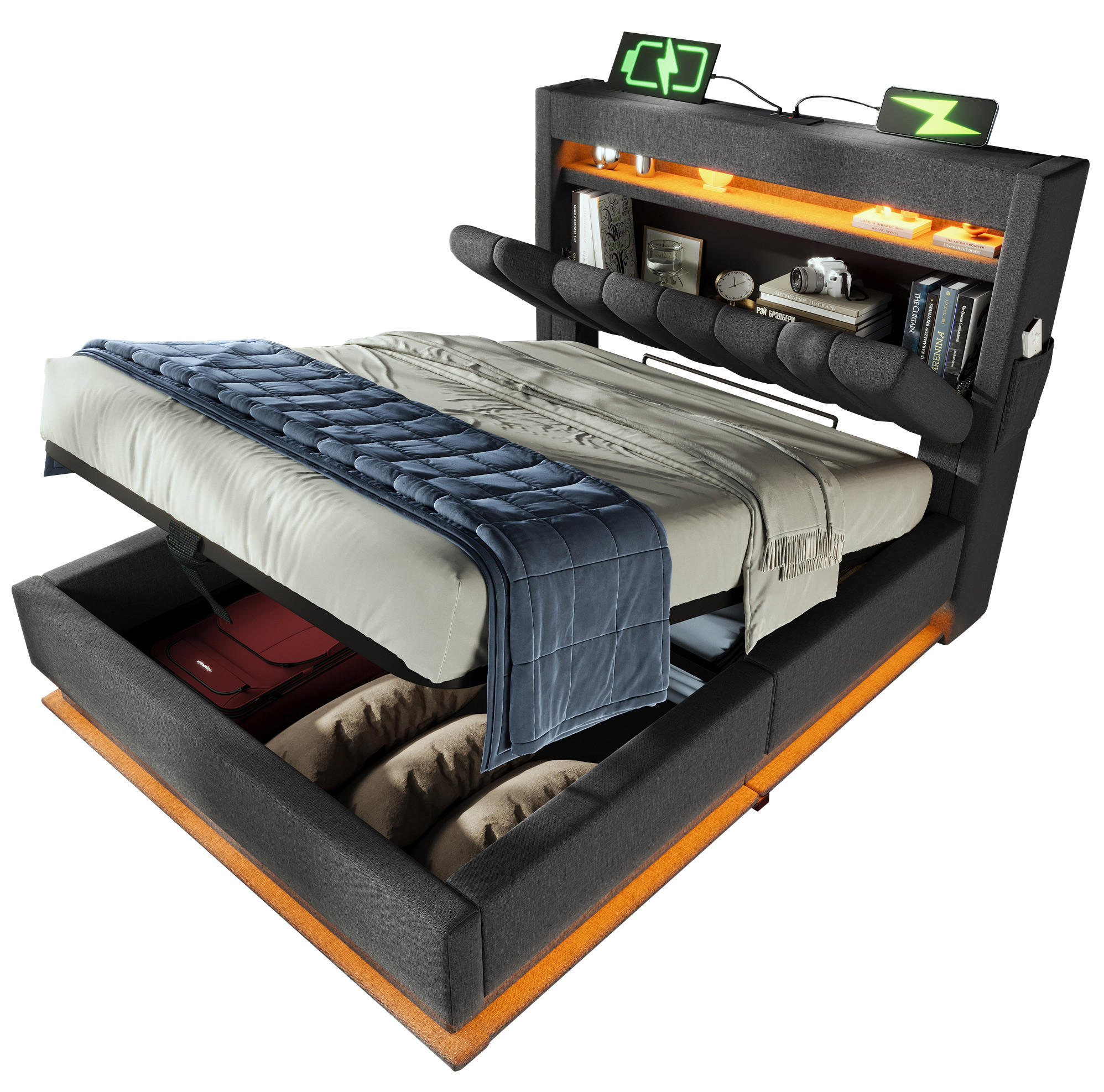POLSTERBETT mit LED-Beleuchtung 90/200 cm mit Bettkasten, USB-C und gepolstertem Kopfteil - Grau, Textil (90/200cm) - BEAOK