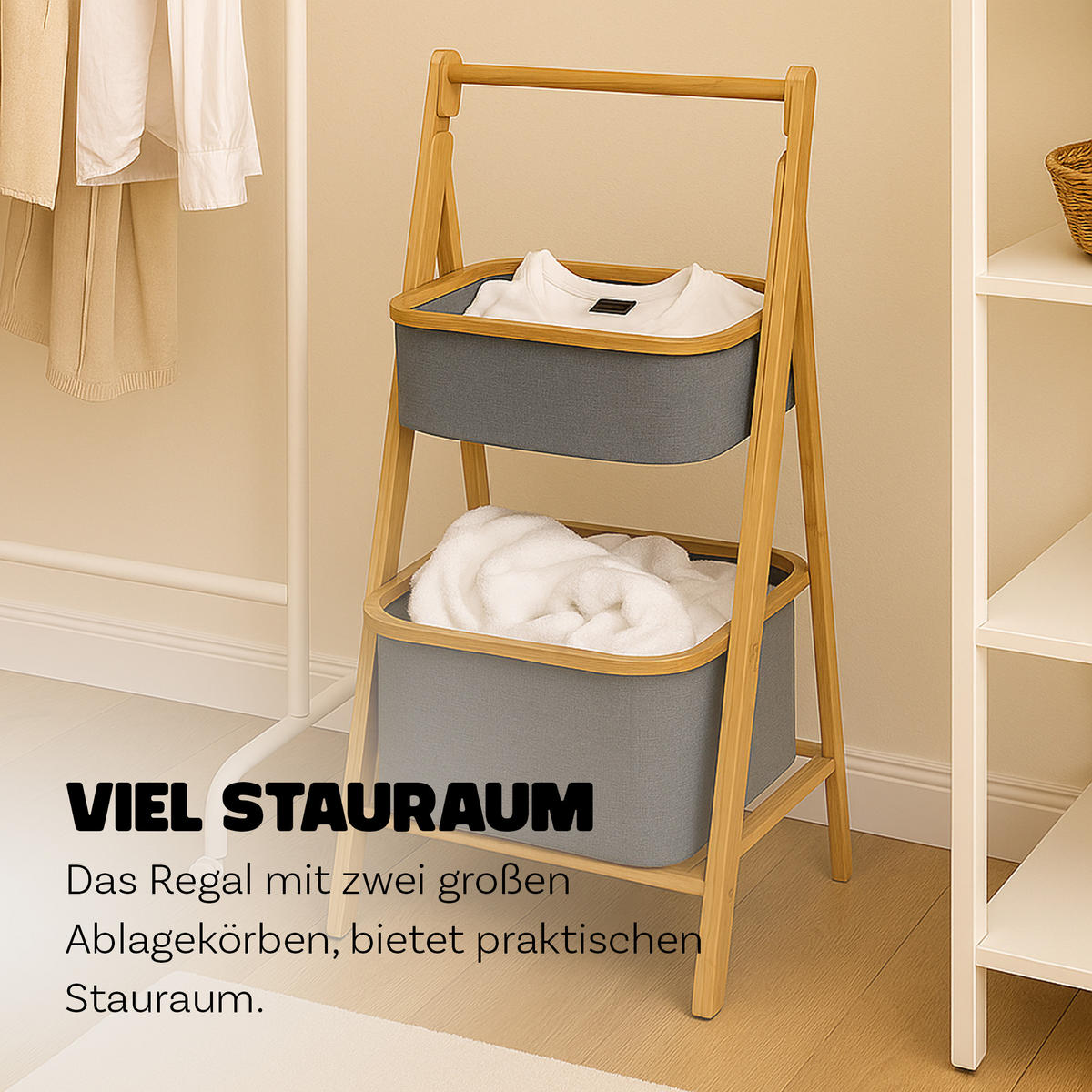 AUFBEWAHRUNGSREGAL Bambus mit 2 Stoffkörben - 34×45×97 cm - Grau, Textil (45/97/34cm) - Bestlivings