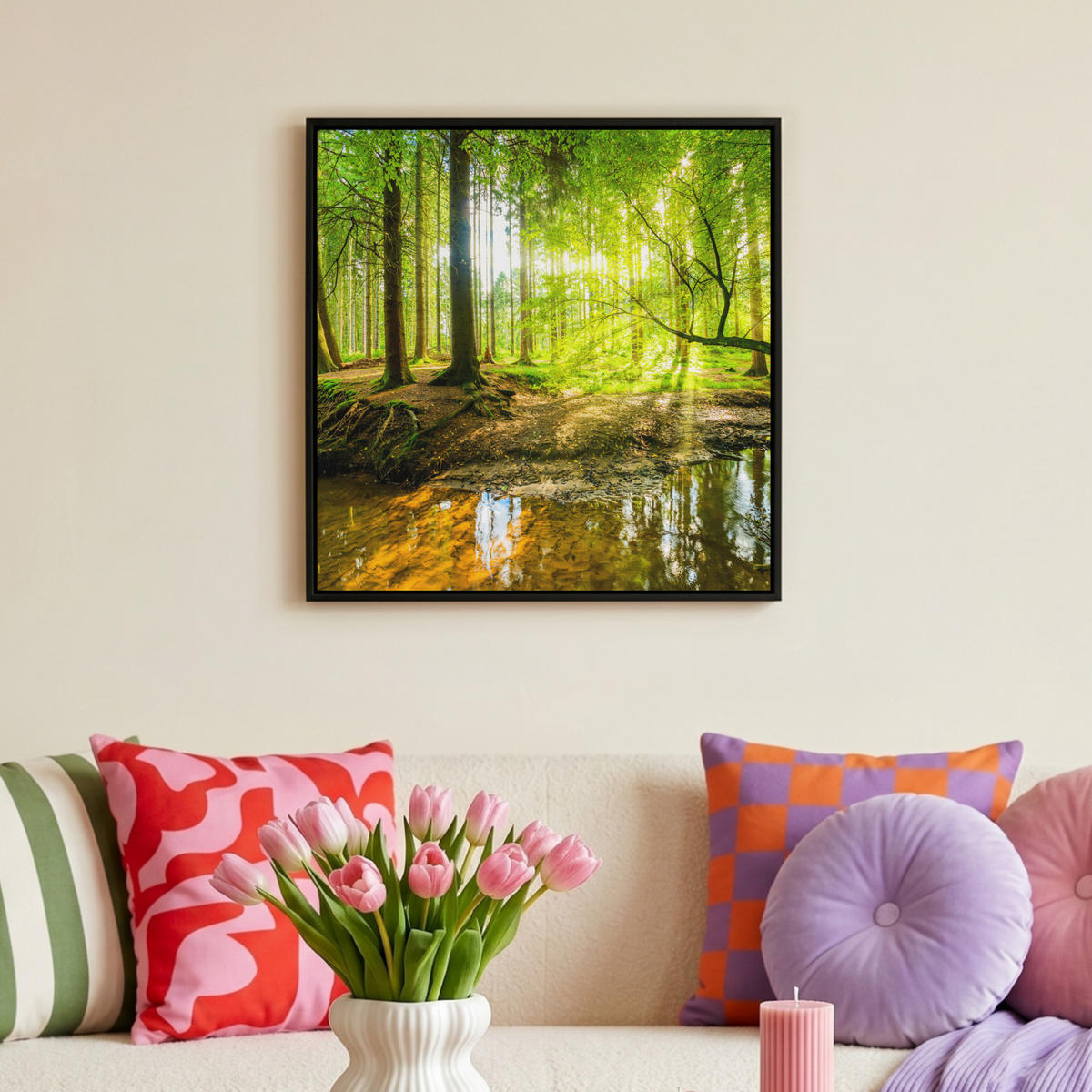 LEINWAND Bilder mit Rahmen - Wald - Landschaft - Wasser - Bäume - Sonne - Grün - Natur - 50x50 - Grün, Textil (50/50cm) - MuchoWow