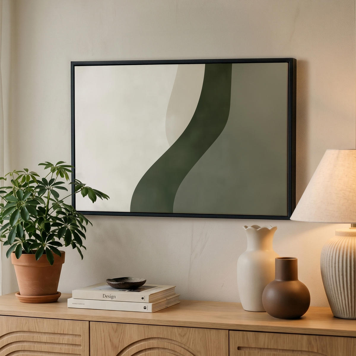 LEINWAND Bilder mit Rahmen - Japandi - Grün - Abstrakt - Modern - 60x40 - Salbeigrün, Textil (60/40cm) - MuchoWow