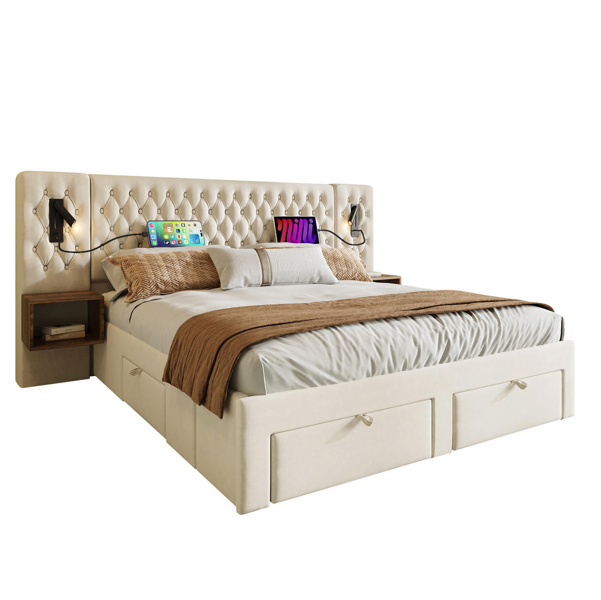POLSTERBETT 180/200 cm Beige mit Nachttischen und USB-Ladeanschluss Ohne Matratze - Beige, Textil (180/200cm) - OKWISH