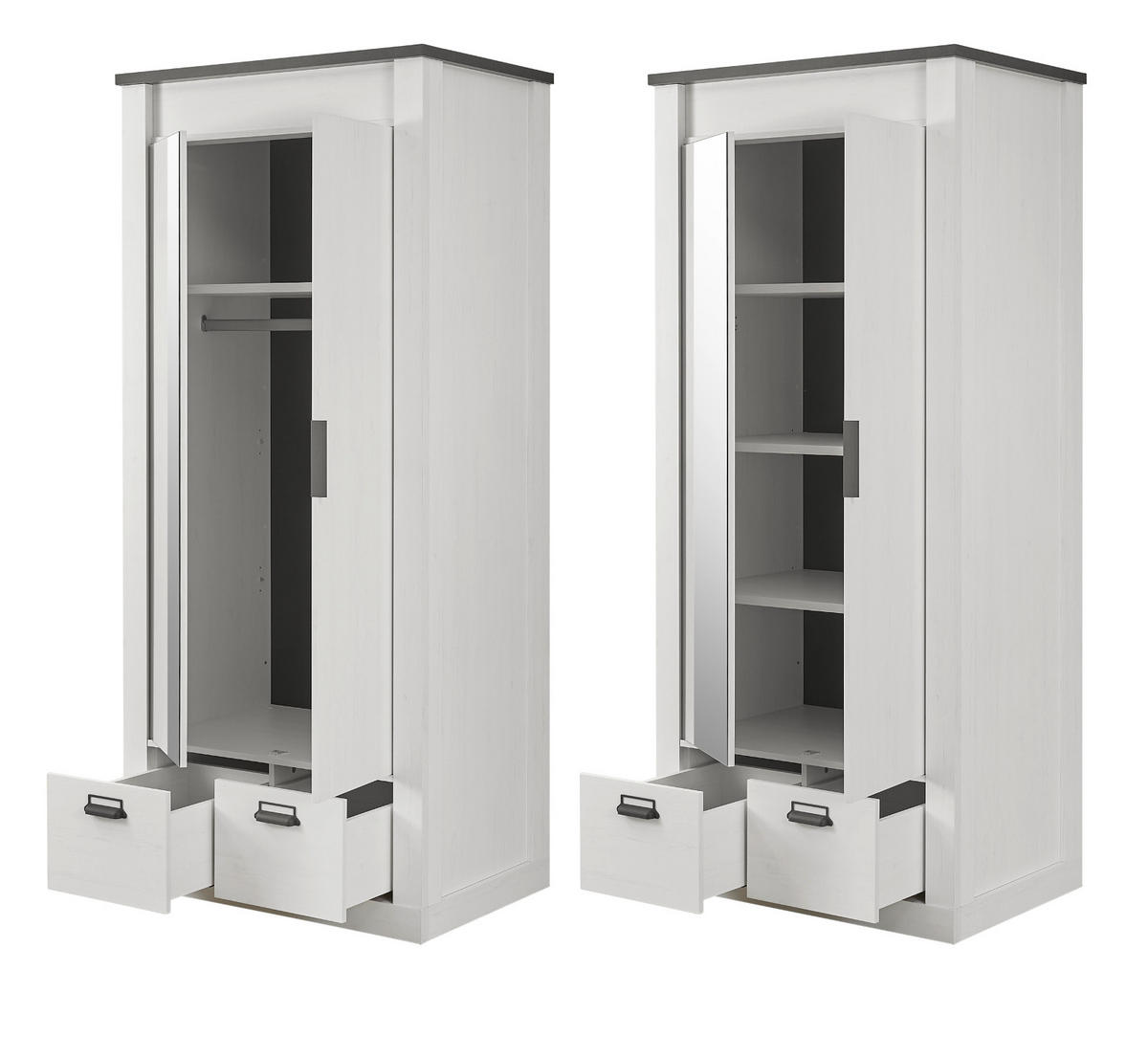 KLEIDERSCHRANK weiß Pinie, anthrazit Landhaus, Drehtürenschrank 2-türig mit Spiegel 93 x 209 cm - Anthrazit/Weiß, Holzwerkstoff/Metall (93/209/63cm) - Furn.Design