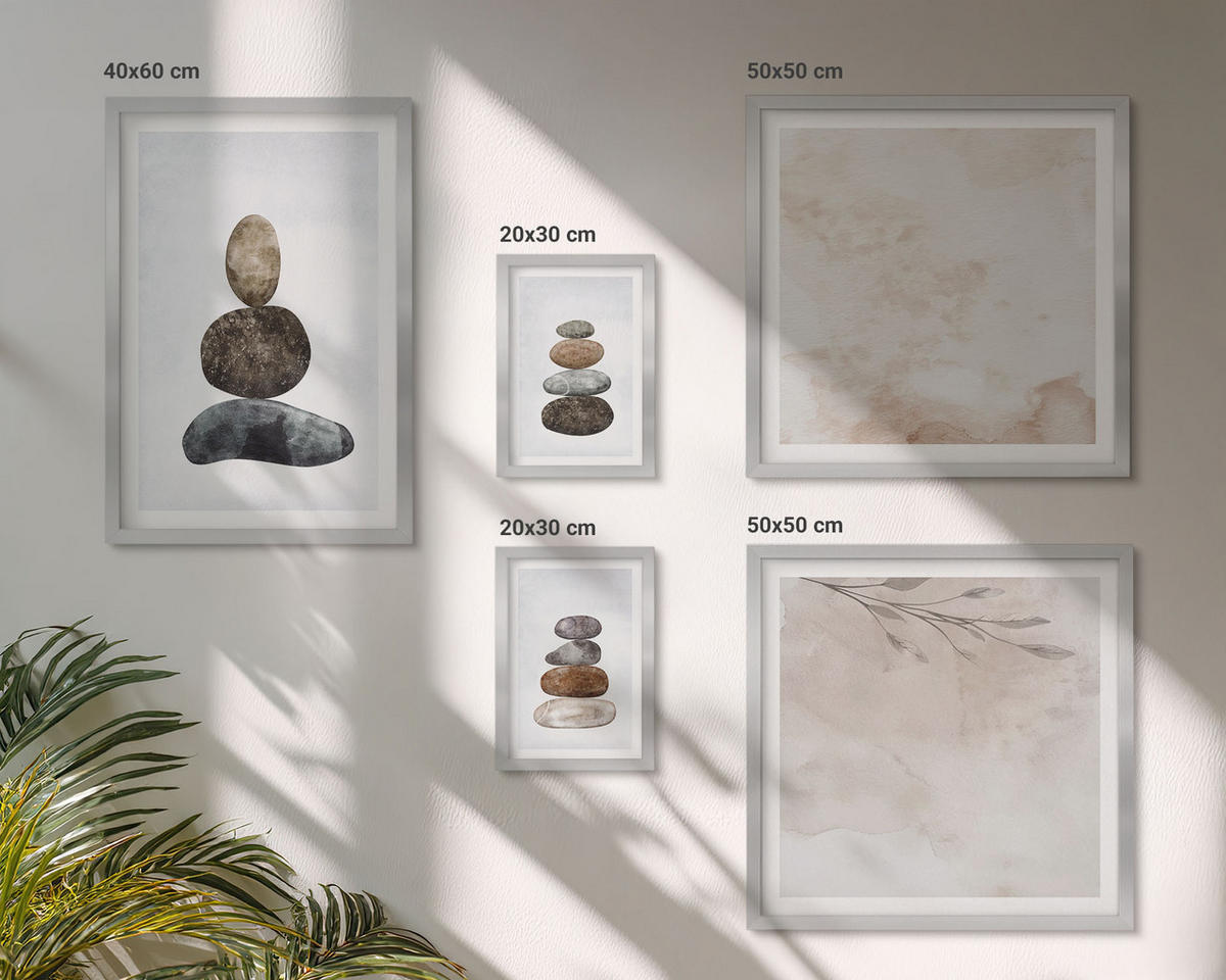 BILDER SET 5er Set - 50x50 cm & 20x30 cm & 40x60 cm Silberner Rahmen - Steinstapel-Boho-Malerei - Silberfarben, Kunststoff (40/60cm) - TULUP
