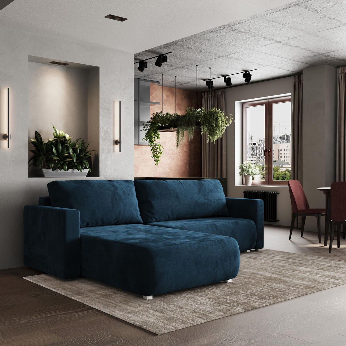 ROHOVÁ SEDAČKA TURIN modrá - šedá/modrá, dřevo/textil (265/183cm) - MASSENO