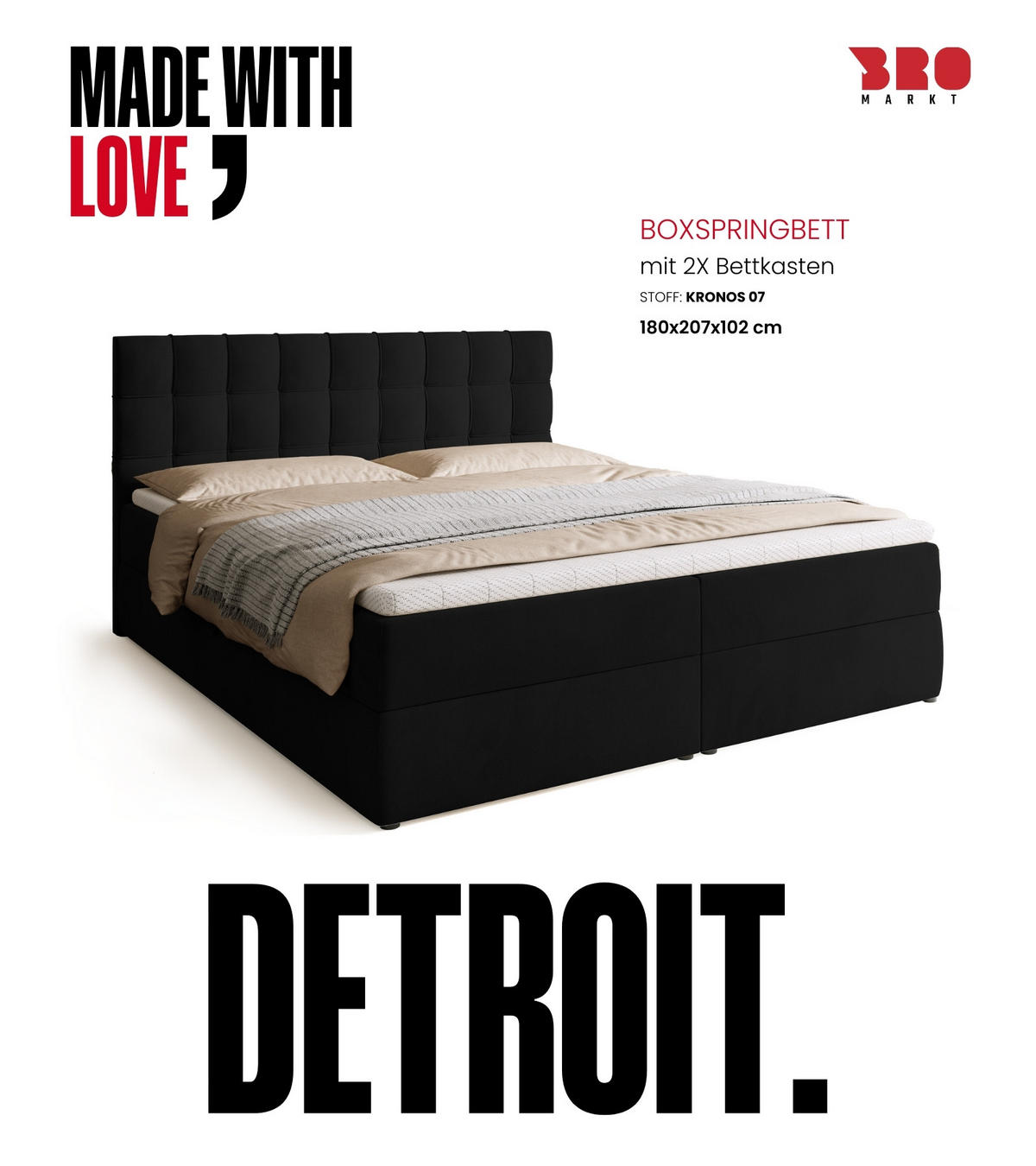 BOXBETT Detroit mit Topper 180/200 Schwarz - Schwarz, Holzwerkstoff/Textil (180/200cm) - Bromarkt