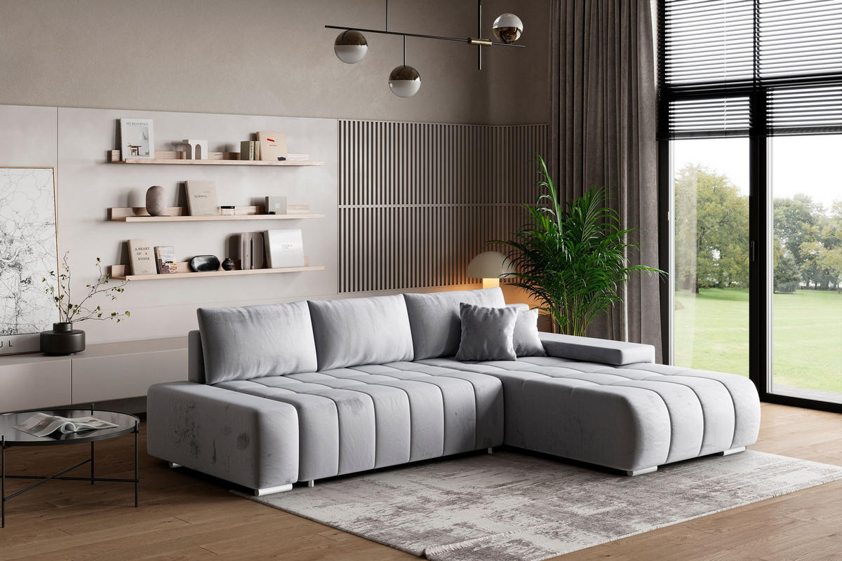 ECKSOFA ALESE R-S Hellgrau Velours-Stoff mit Schlaffunktion - Hellgrau, Holz (265/185cm) - MASSENO
