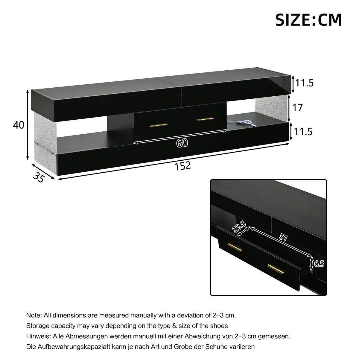 LOWBOARD in Schwarz, TV Schrank mit LED, Offenen Stauraum und Schubladen, 152/35/40cm, für Wohnzimmer - Schwarz, Holzwerkstoff (152/40/35cm) - STILVORA