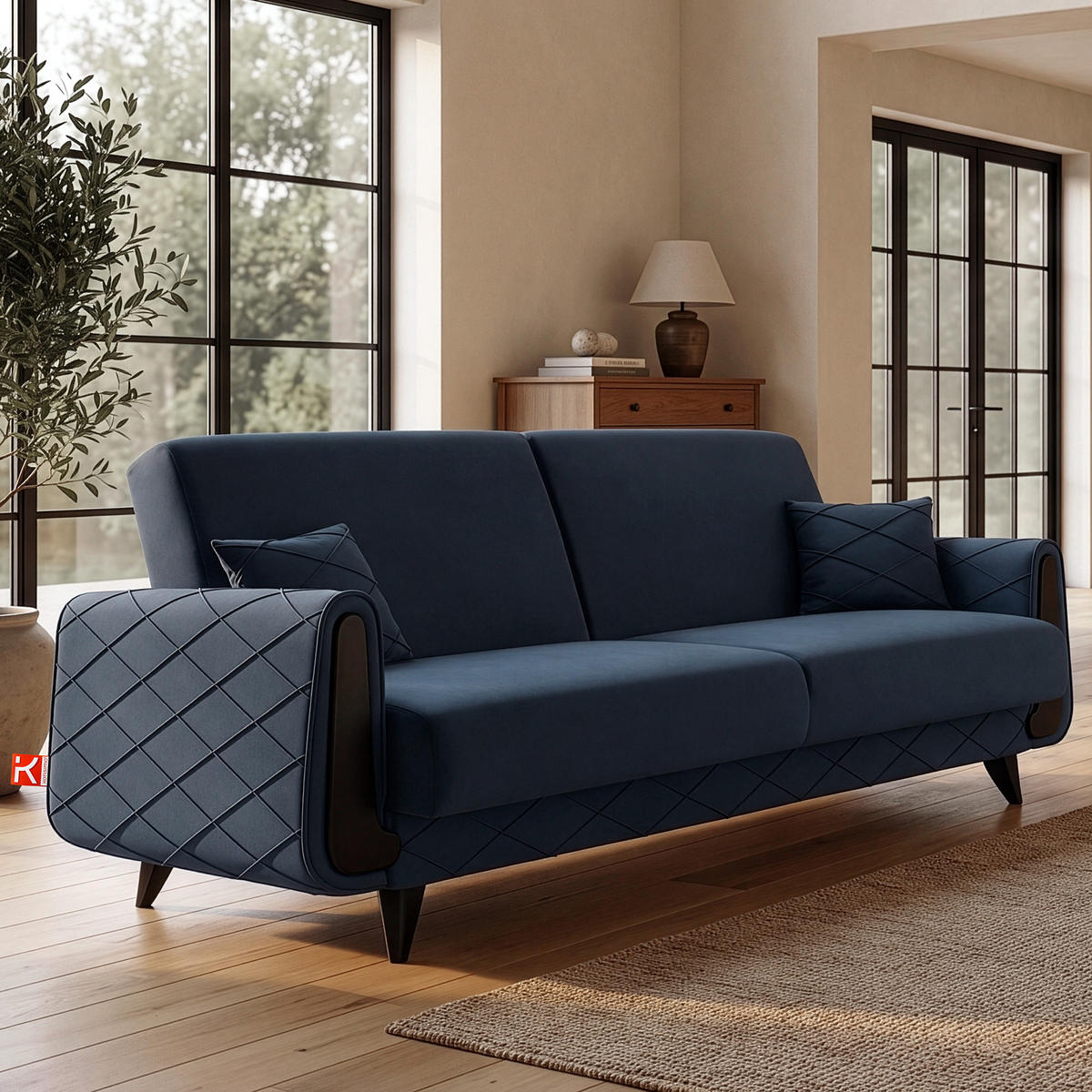 3-SITZER-SOFA GUSTAVO III Sofa 3 Velours, Dunkelblau - Dunkelblau, Holz/Holzwerkstoff (230/98/98cm) - KONSIMO®