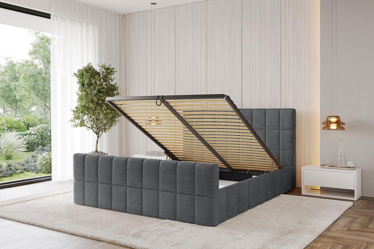 POLSTERBETT mit Bettkasten, Fußteil und Lattenrost, Boxbett mit Matratze H3/H4 - AMEA-Z 180x200 Dunkelgrau - Anthrazit, Holzwerkstoff/Textil (180/200cm) - ALTDECOR