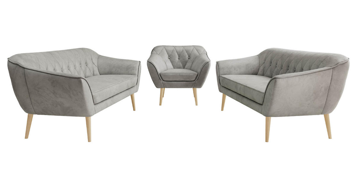 SEDACÍ SOUPRAVA 3+3+1 PIRS - Světle šedá Samet - Dřevěné nohy - světle šedá/barva buku, kompozitní dřevo/textil (180/75/74cm) - MKS