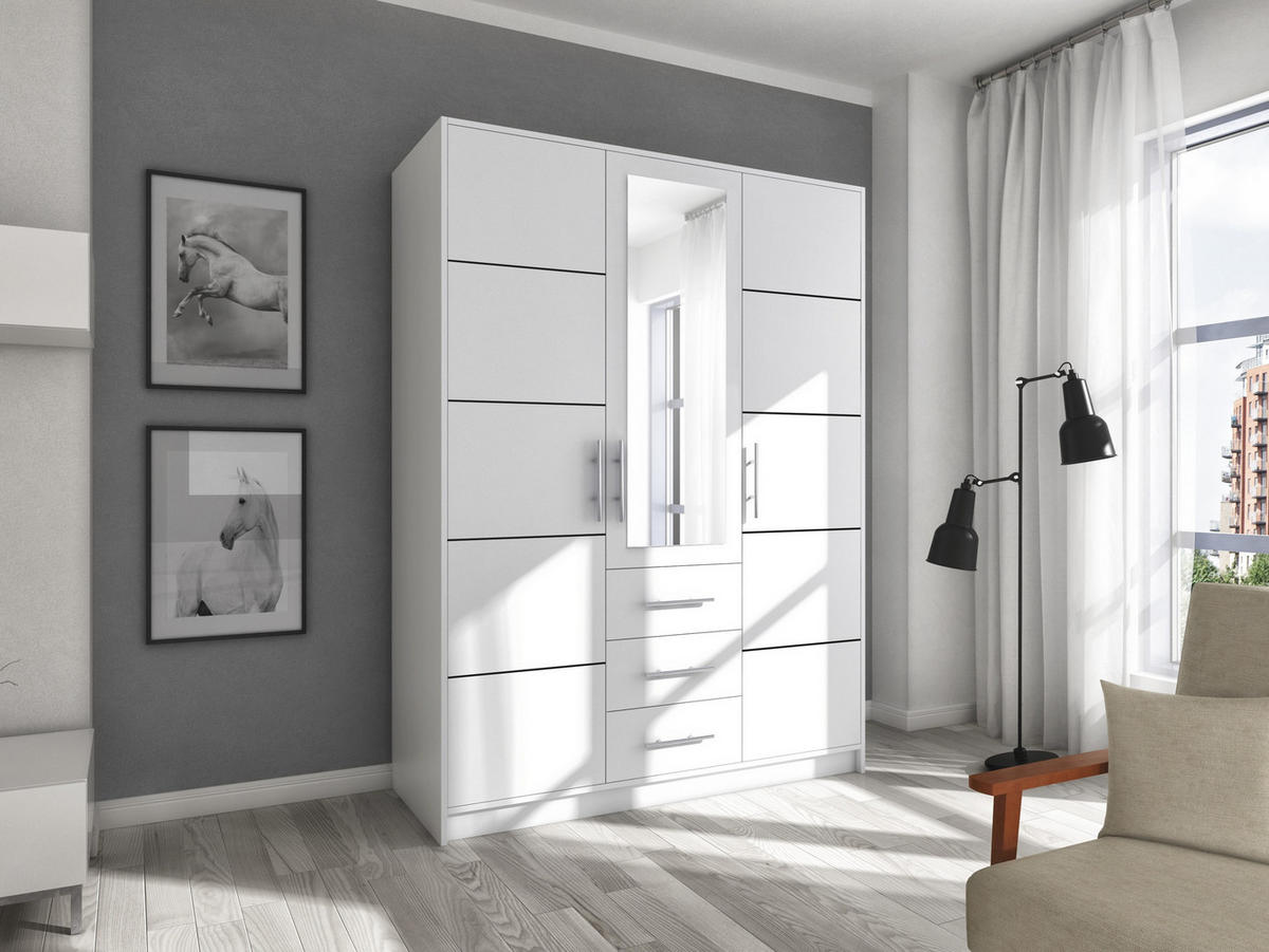 DREHTÜRENSCHRANK ELISE 147/200/57,5 cm 3-türig mit Spiegel Weiß - Weiß, Holzwerkstoff (147/200/57.5cm) - MASSENO