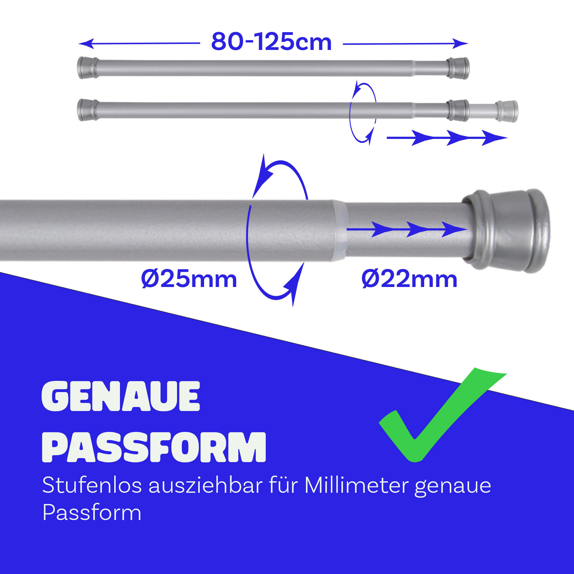 VERSTELLBARE Vorhangstange - Spannstange zum Klemmen Silber Ø22/25 mm 80-125 cm - Silberfarben, Metall (80cm) - Bestlivings